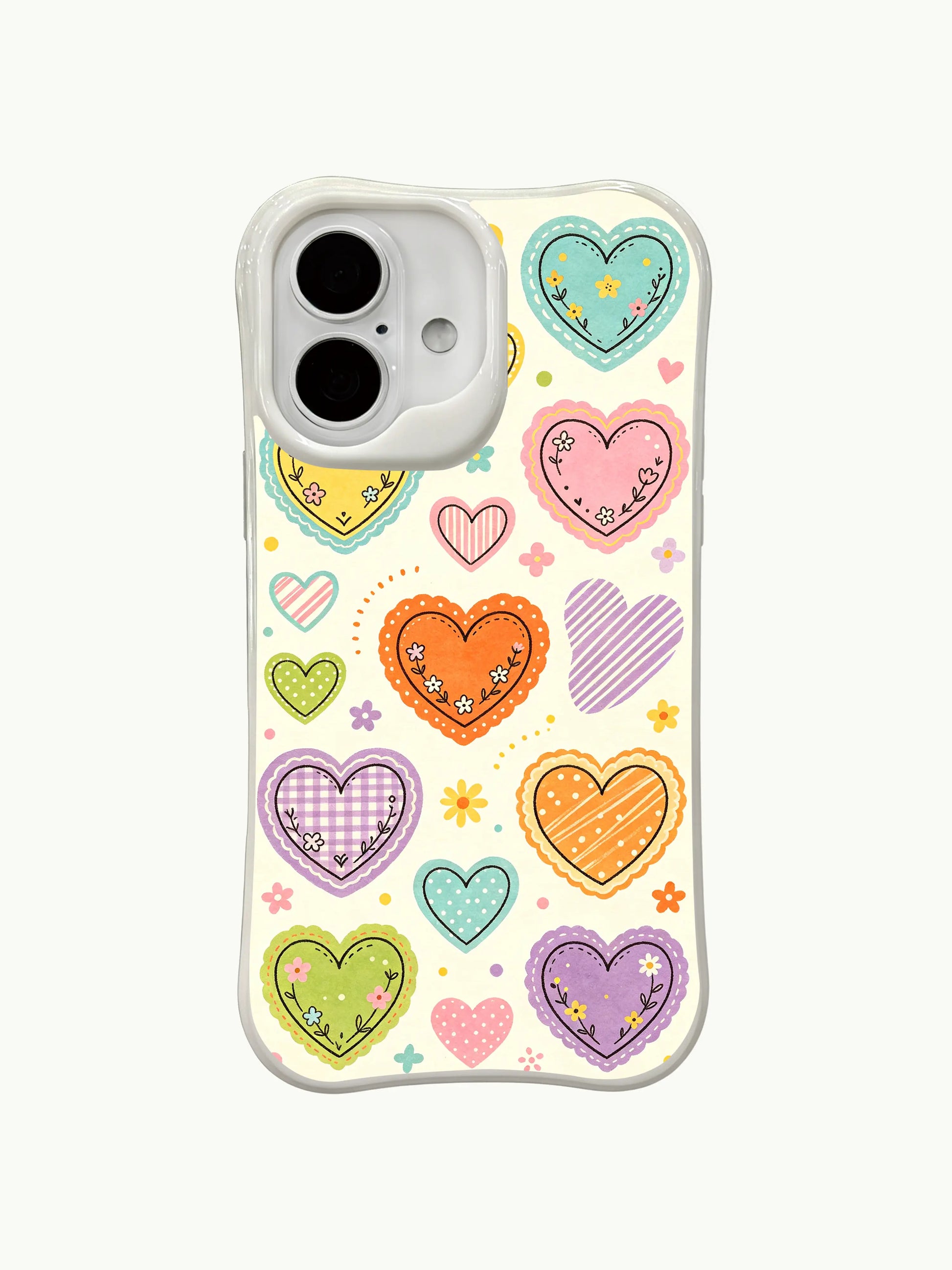 PhoneCasing Playful Heart Doodles Case for iPhone 16 Plus, a whimsical iPhone 16 plus casing with colorful stripe and checkered heart stickers.