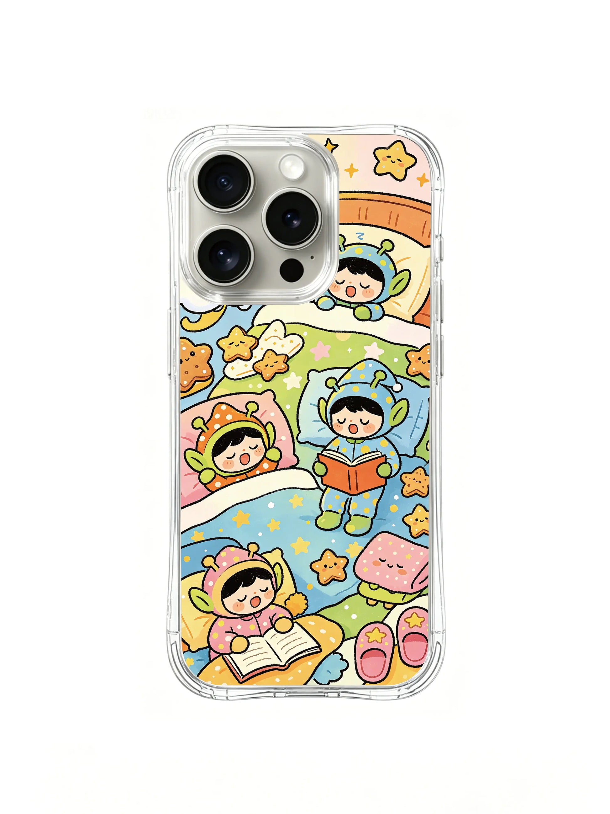 PhoneCasing iPhone 16 pro Case with playful kawaii alien sleepover illustration, Milo Yun’s exclusive art design for stylish everyday use.