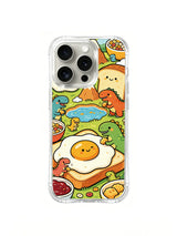 Playful kawaii dinosaur breakfast artwork on an iPhone 16 Pro case