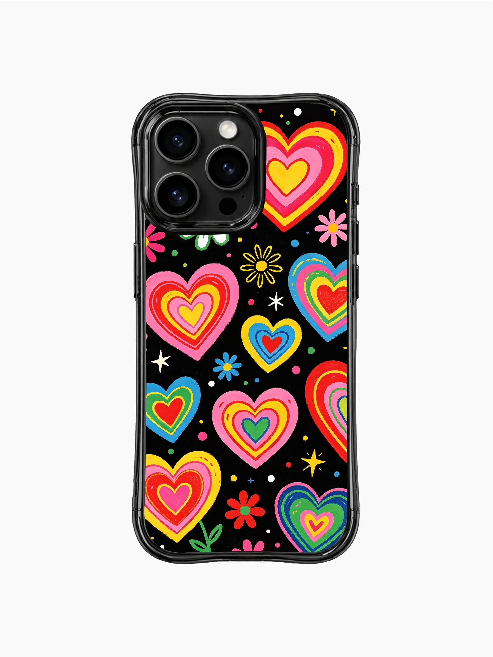 Dreamy valentine PhoneCasing iPhone 13 Pro Max casing, hand sketched Midnight Heart Bloom seamless pattern, scattered mini daisy, star and multi neon heart confetti