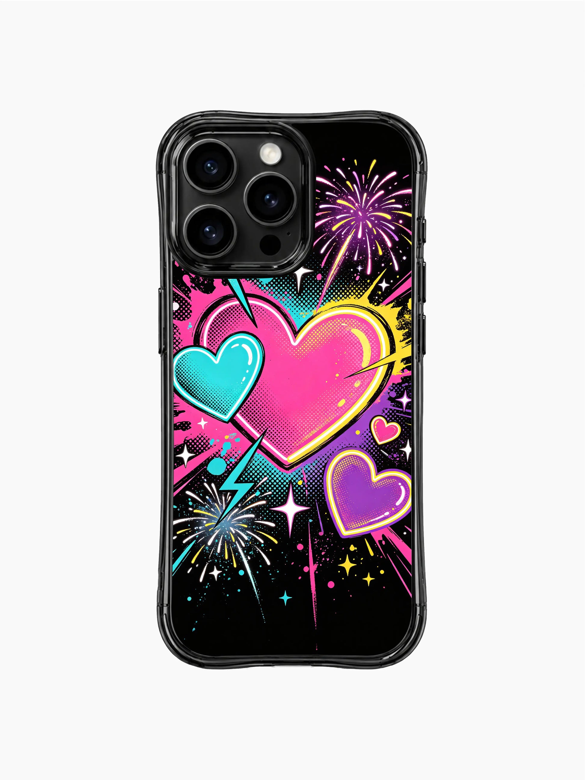 Energetic valentine PhoneCasing iPhone 13 Pro Max casing, hand sketched Pop Heart Fireworks seamless pattern, scattered star splatter, neon heart bursts and colorful firework bursts
