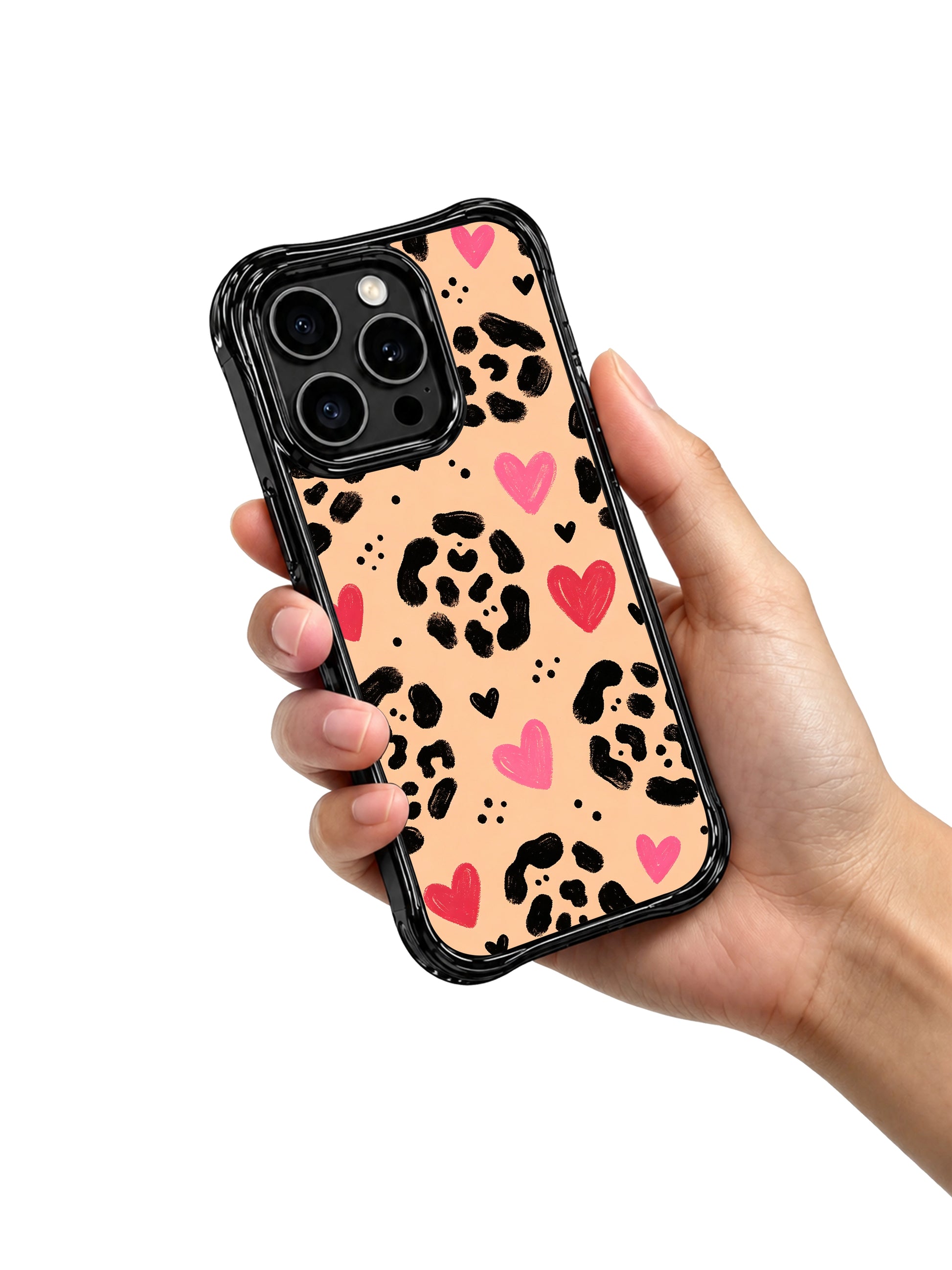 Fun energetic peach heart leopard iPhone 14 Pro Case from PhoneCasing, fully MagSafe magnetic wireless charging compatible, wavy four-corner shockproof anti-drop frame handcrafted in California