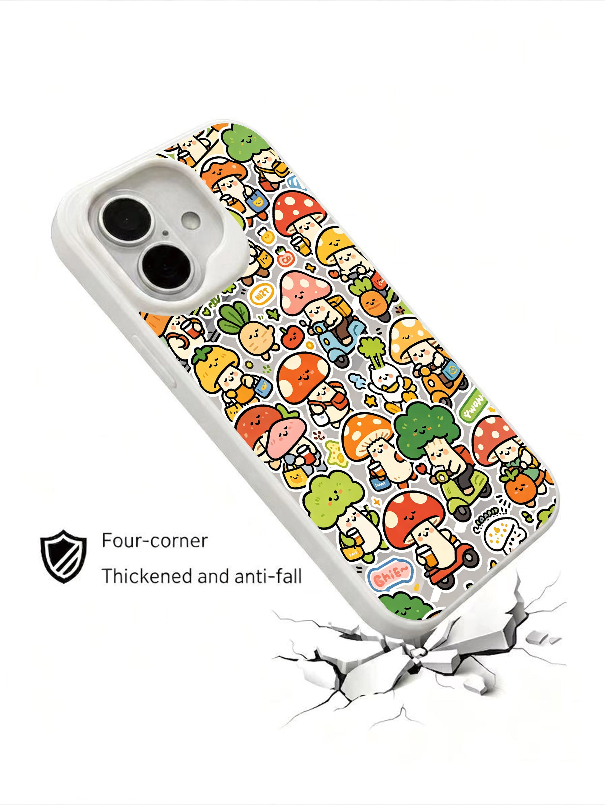 PhoneCasing playful rush hour iPhone 16 Plus Case, exclusive art from Milo Yun’s Mushroom Town, premium California craft.