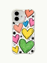 PhoneCasing playful spot hearts iPhone 16 plus case, heart patterns paired with dotted burst decorations, vivid UV-printed artwork.