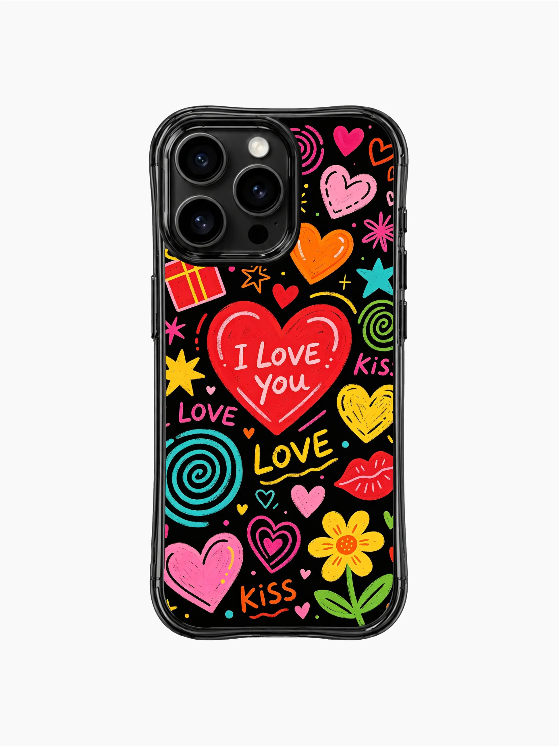 Lighthearted valentine PhoneCasing iPhone 13 Pro Max casing, seamless Young Love Poster chalk doodle pattern, scattered heart, kiss, flower and gift illustrations, casual daily teen romantic shell