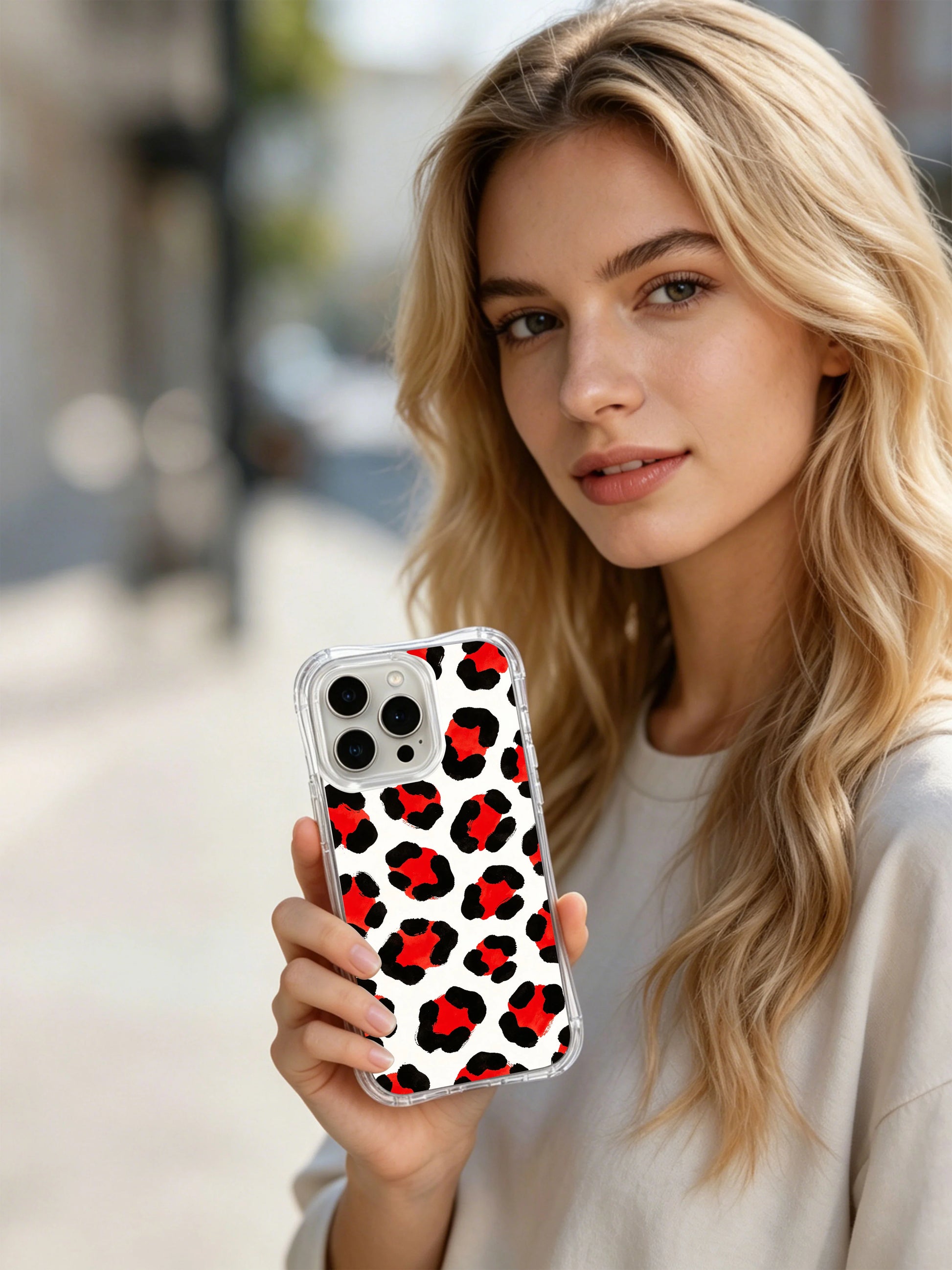 Modern pop art red berry leopard iPhone 14 Pro Case from PhoneCasing Wild Heart Safari designer line, exclusive Roxy Wildhart hand-painted seamless spot pattern, smooth antimicrobial gloss coating