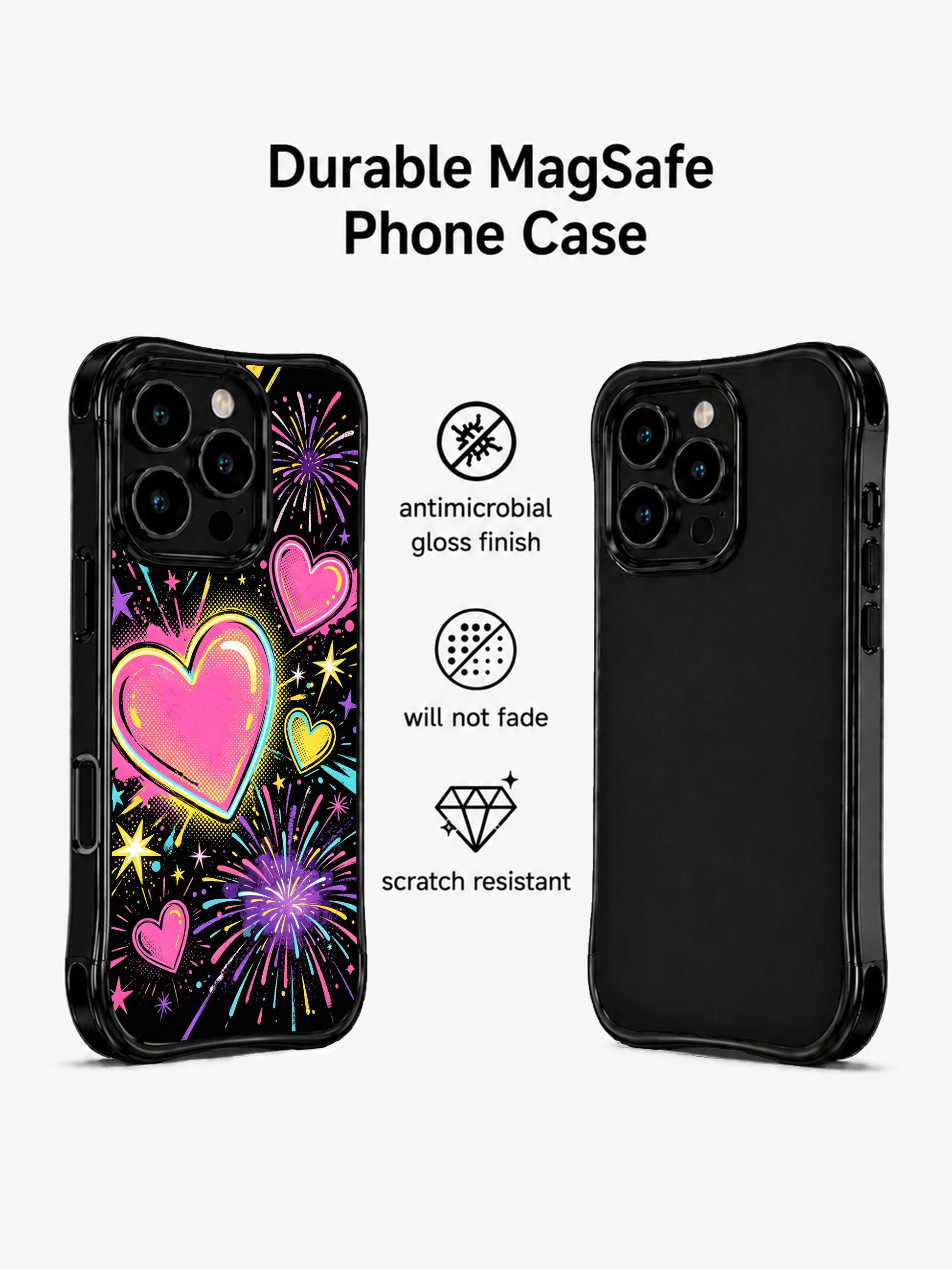 Pop comic party aesthetic PhoneCasing iPhone 13 Pro Max cover, Pop Heart Fireworks seamless doodle print, pink yellow blue purple neon hearts, scattered star, lightning and paint splatter confetti