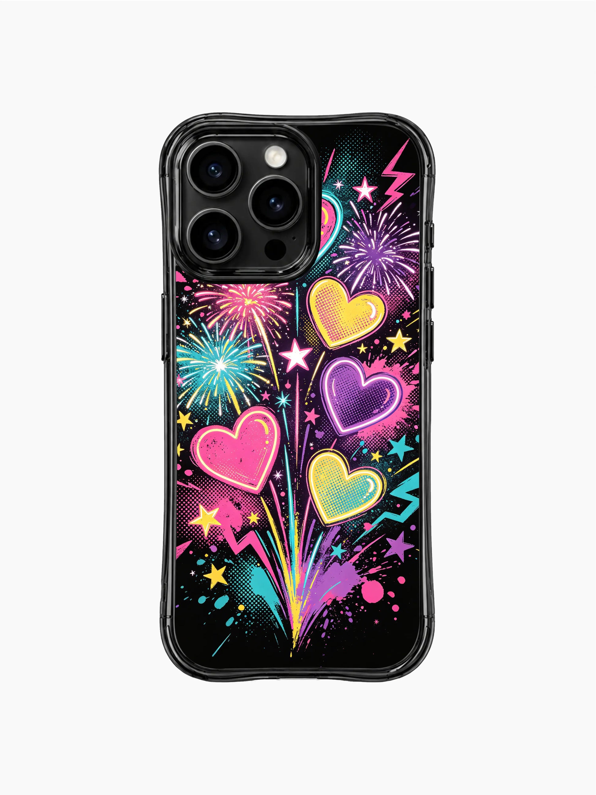 PhoneCasing Pop Heart Fireworks iPhone 13 Pro Max casing by Nova Heartwell, full coverage neon pop art heart, fireworks, lightning bolt & star splatter print, dark black background vibrant y2k party phone shell for iPhone 13 Pro Max