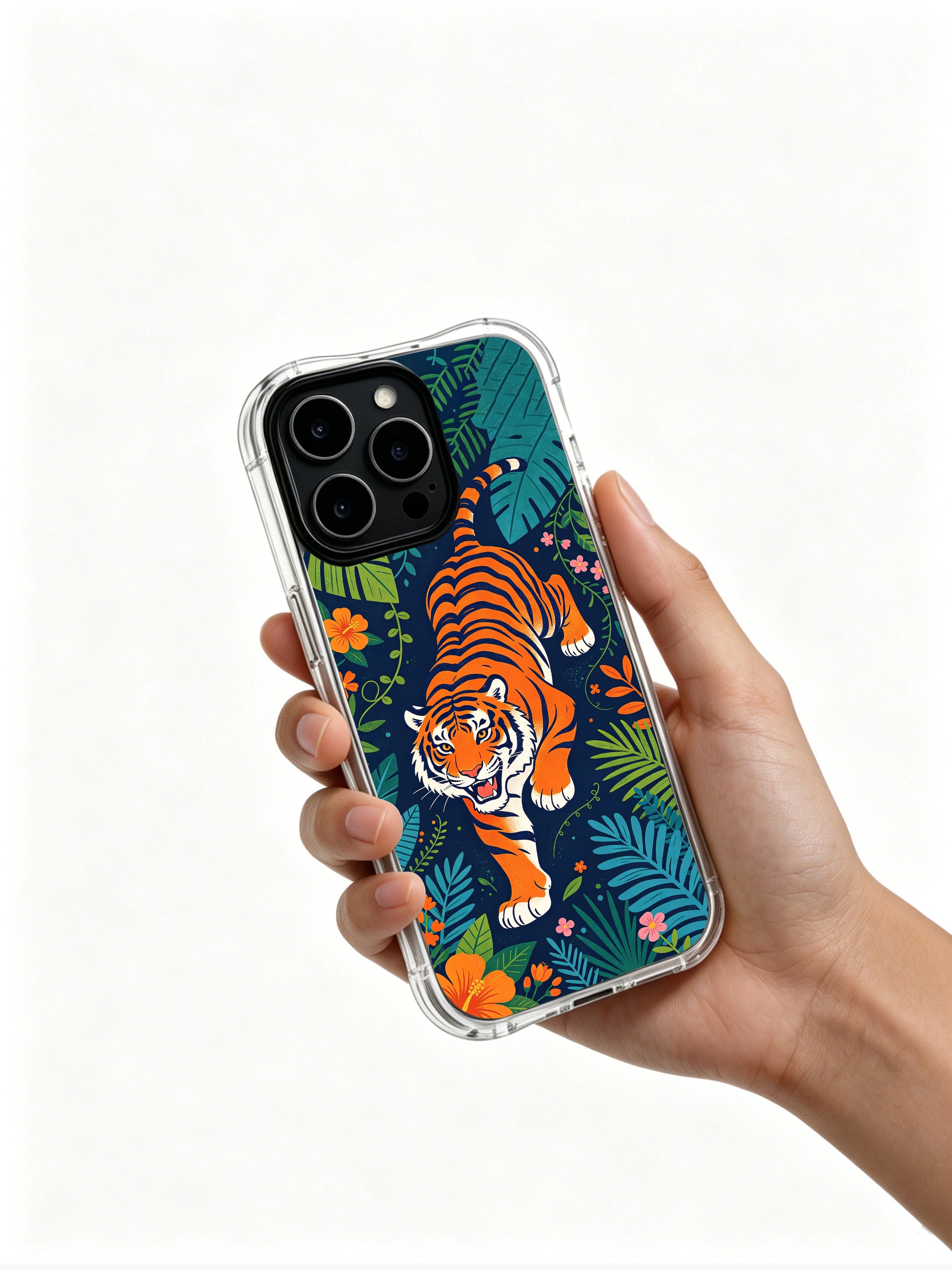 Pouncing flame orange tiger amid dense tropical leaves iPhone 13 pro Case by PhoneCasing, original Elias Nocturne illustration protective casing, art inspired designer phone cover