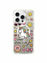 Prancing Unicorn Love Doodle artwork on an iPhone 16 Pro Max case