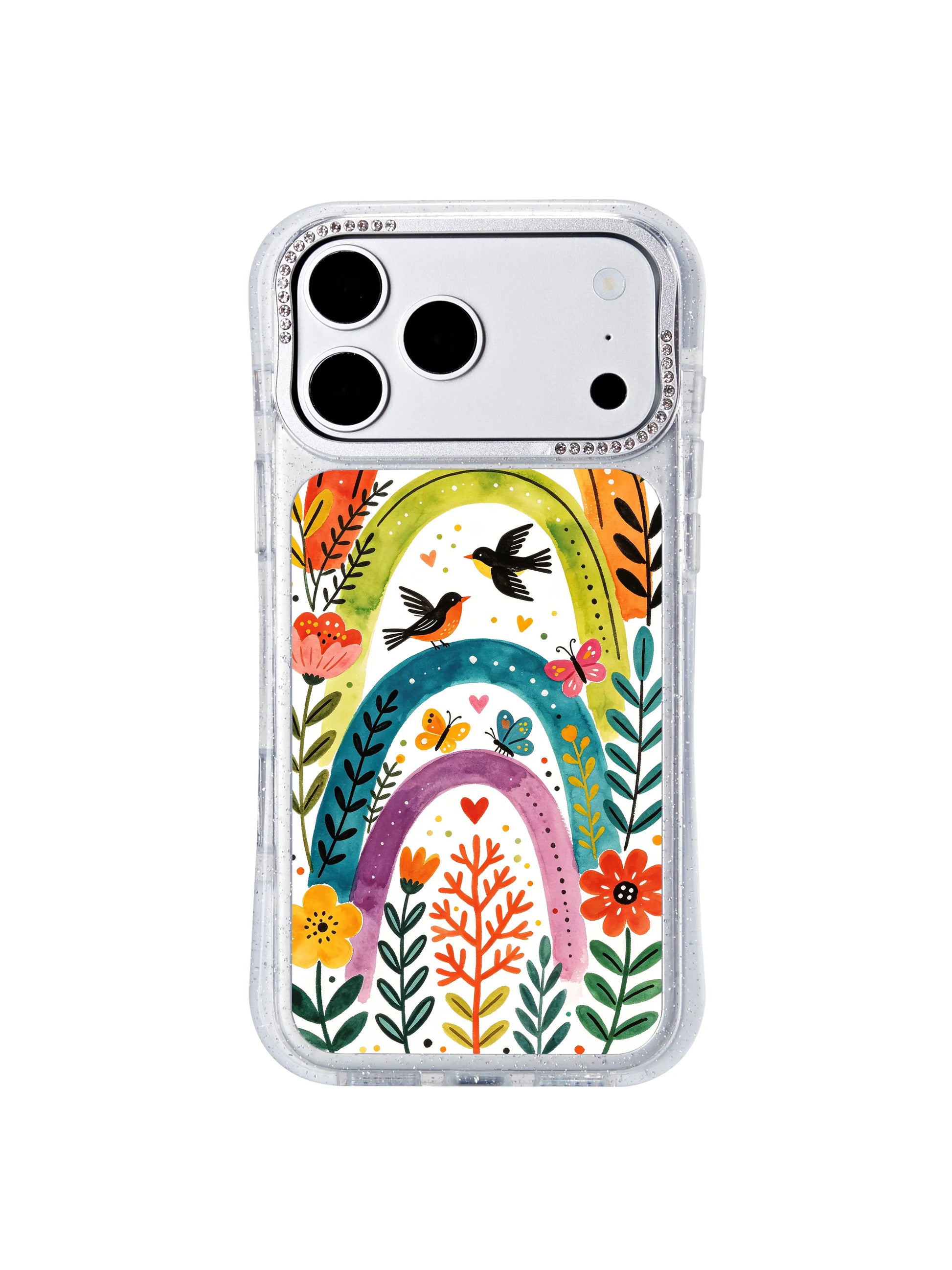 PhoneCasing precision-engineered cutout iphone 17 pro Max case with perfectly aligned port and button openings, unobstructed control access paired with the uplifting layered rainbow arch folk decorative pattern.