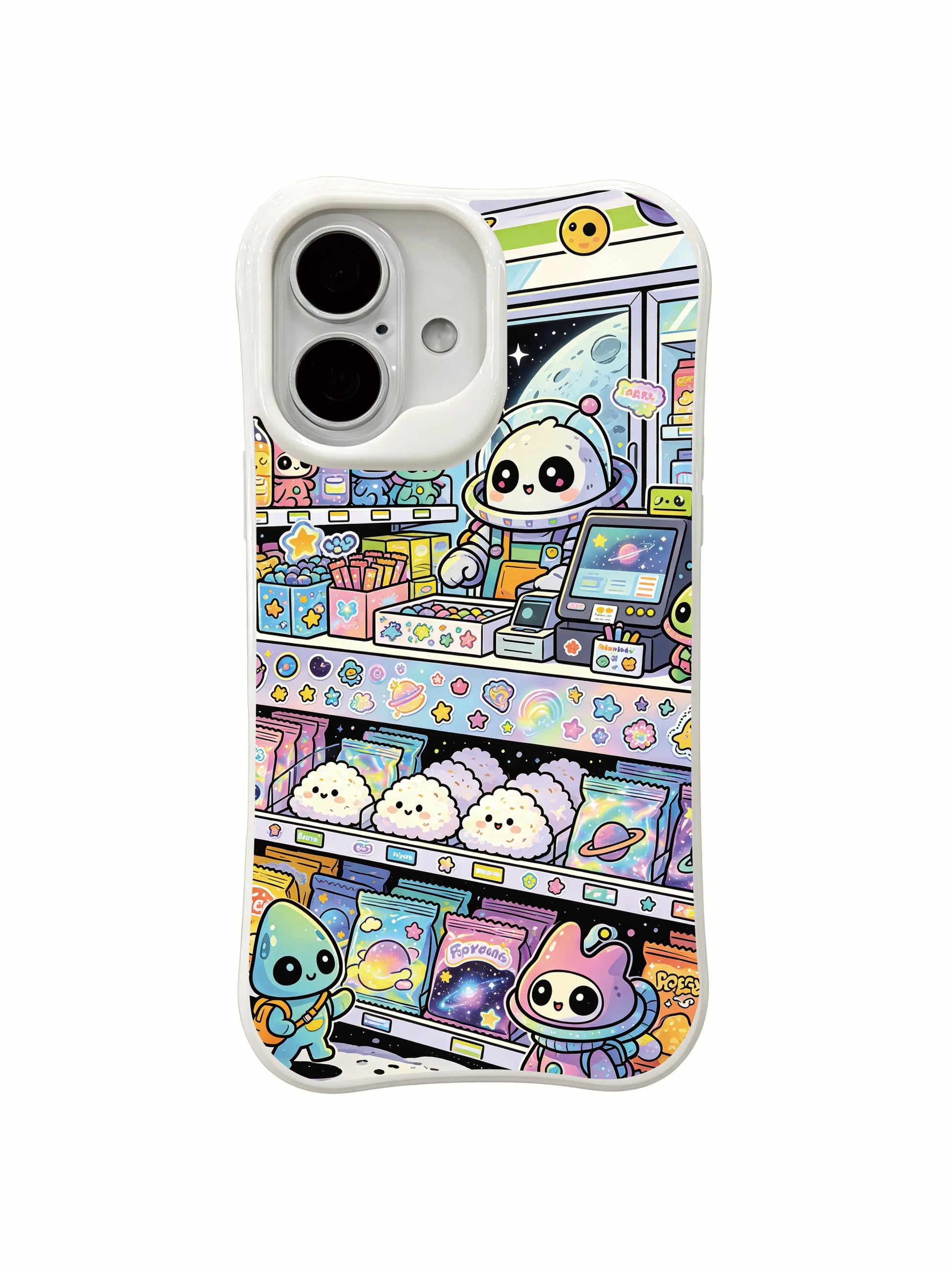 PhoneCasing premium art iPhone 16 Plus Case, limited illustration of Moon Convenience Store, durable California made casing.