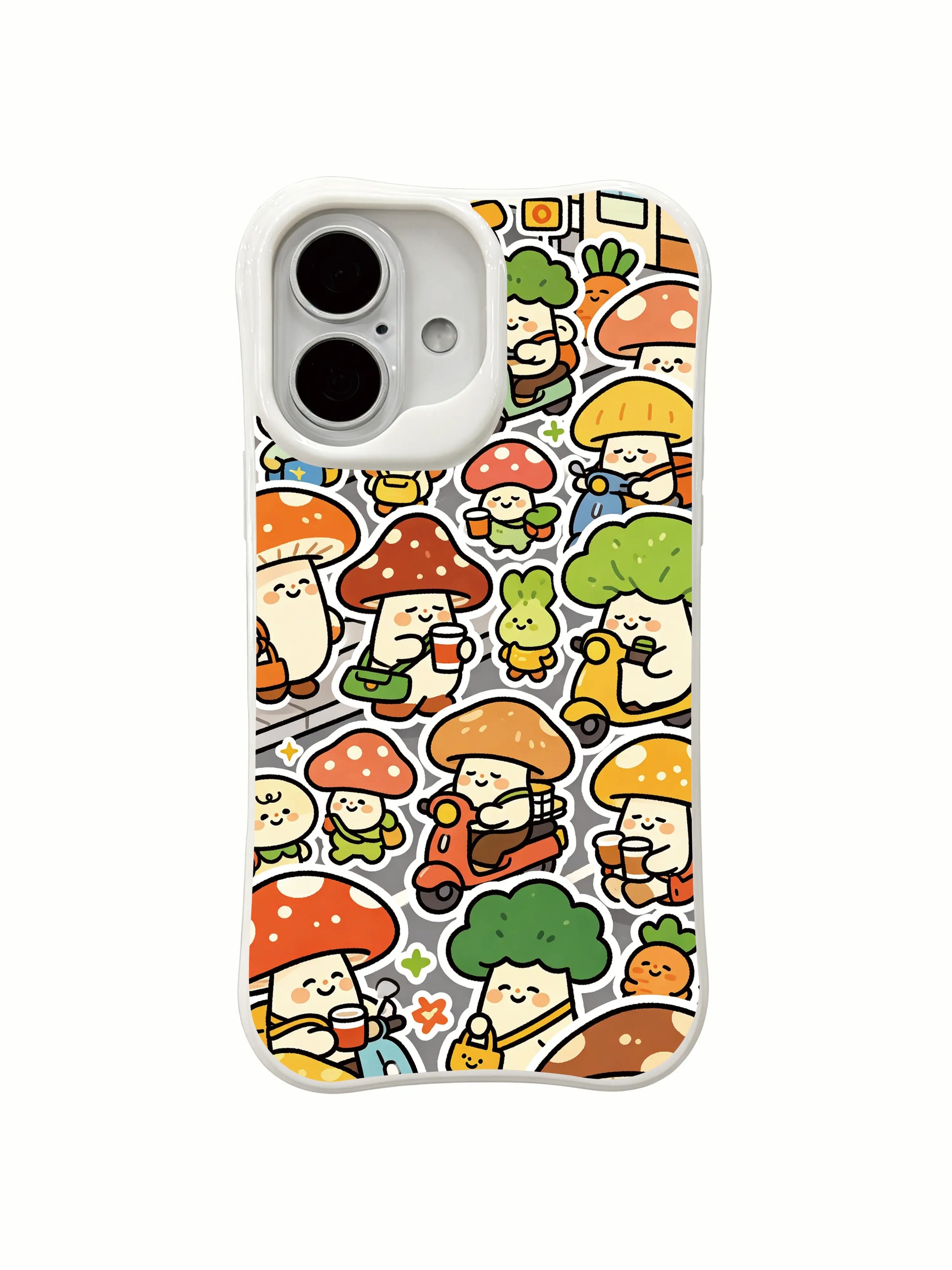 PhoneCasing premium art iPhone 16 Plus Case, exclusive Milo Yun Mushroom Town Rush Hour illustration, high quality California made casing.