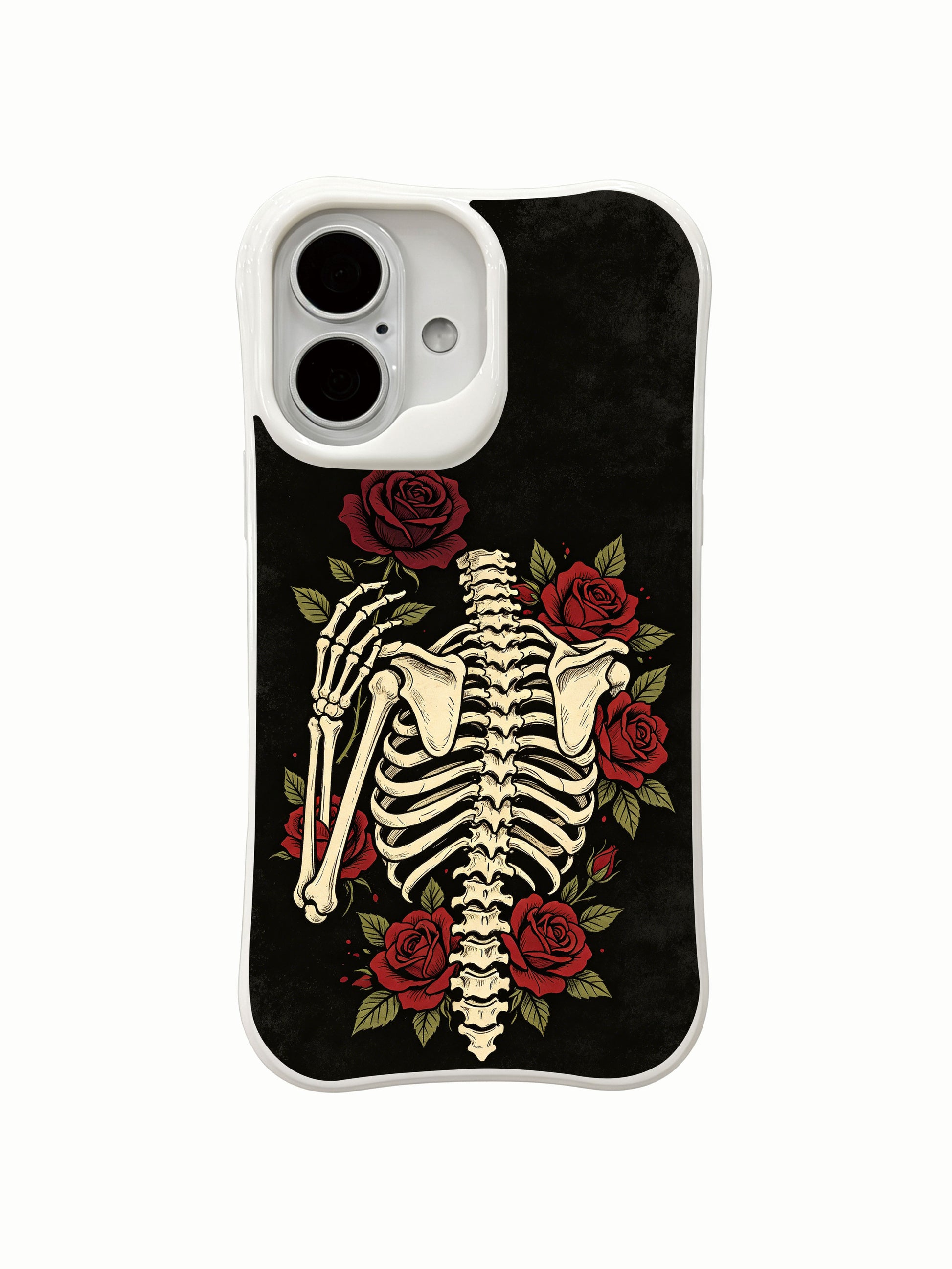 PhoneCasing promise-beyond-mortal-flesh skeleton rose iPhone 16 Case, symbolic goth art about inner vow preserved via eternal rose blooms amid lifeless bone, MagSafe compatible custom printed iPhone 16 casing