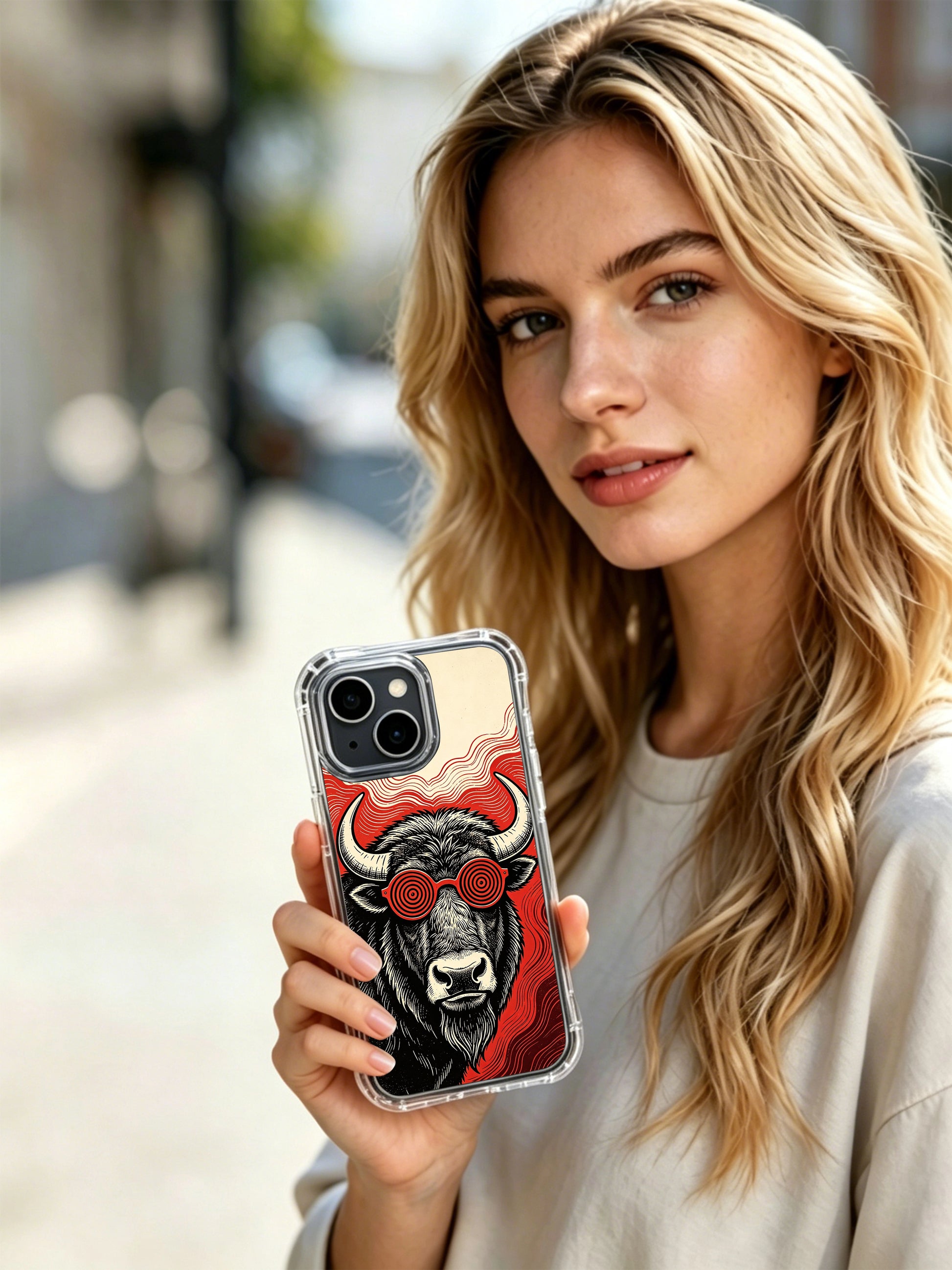 Psychedelic animal portrait bison illustrated design for PhoneCasing iPhone 13 Case, premium luxury art accessory made in California as thoughtful birthday gift.