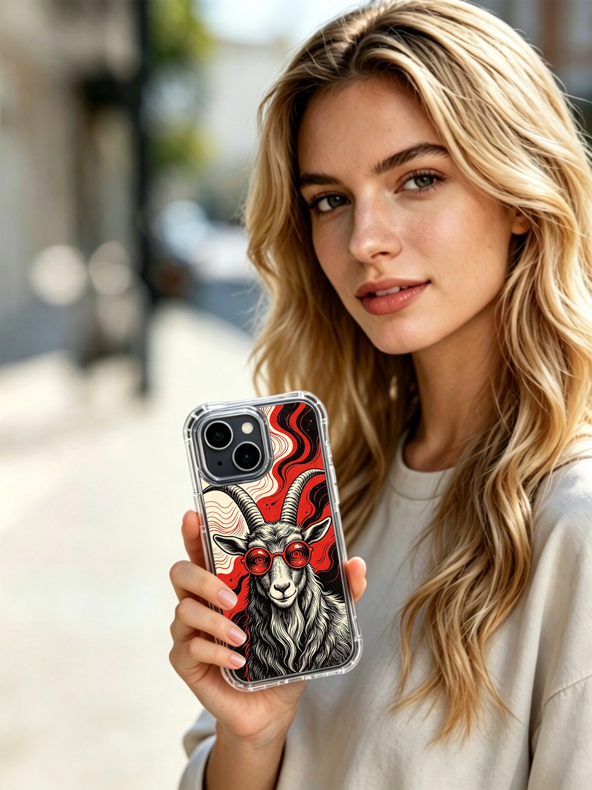 Surreal psychedelic animal portrait of wise frequency goat by Rufus Vale for PhoneCasing iPhone 13 Case, luxury art accessory ideal as curated birthday gift for art collector ladies.