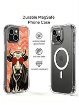 Vintage woodcut psychedelic party cow artwork featured on PhoneCasing iPhone 13 Case, premium licensed art phone cover manufactured in USA as luxury collectible gift for art-loving American women.
