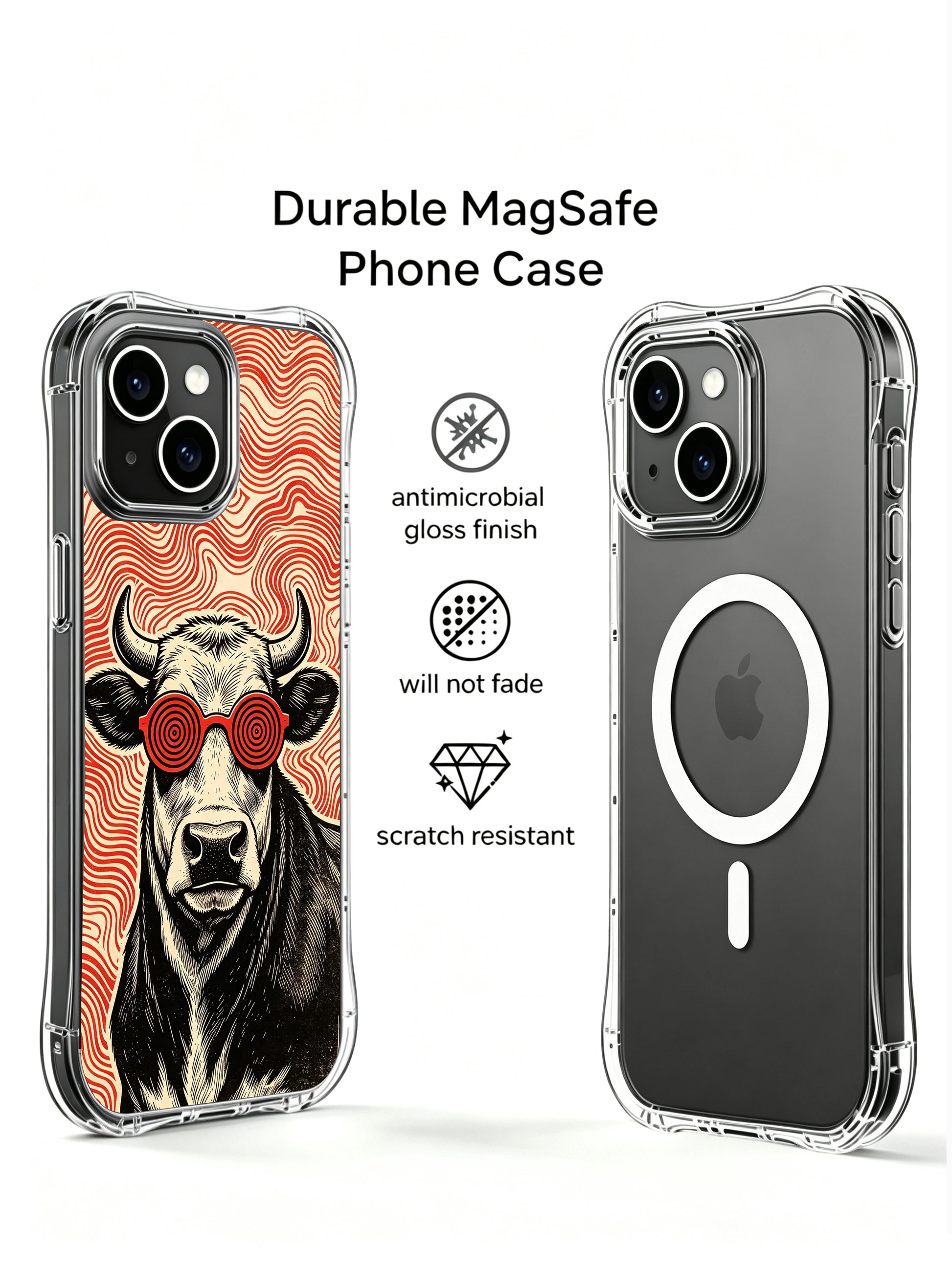 Vintage woodcut psychedelic party cow artwork featured on PhoneCasing iPhone 13 Case, premium licensed art phone cover manufactured in USA as luxury collectible gift for art-loving American women.