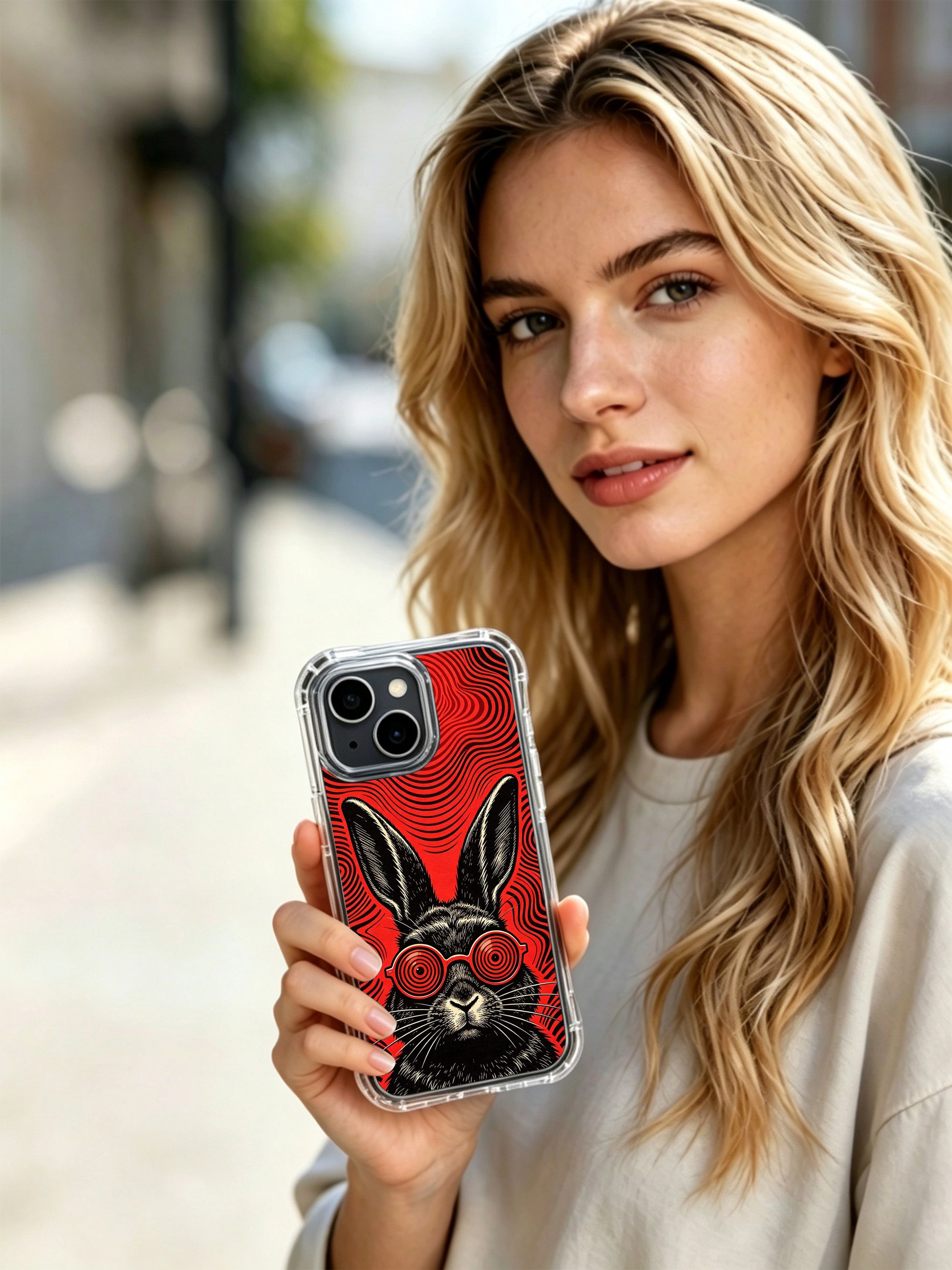 Surreal psychedelic mystery animal portrait of antenna rabbit with spinning red signal lenses by Rufus Vale for PhoneCasing iPhone 13 Case, trendy art casing for birthday gift options.