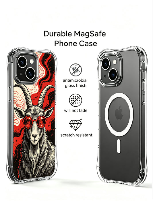 Vintage woodcut psychedelic philosopher goat artwork featured on PhoneCasing iPhone 13 Case, premium licensed art phone cover made in USA as luxury collectible gift for art-loving women