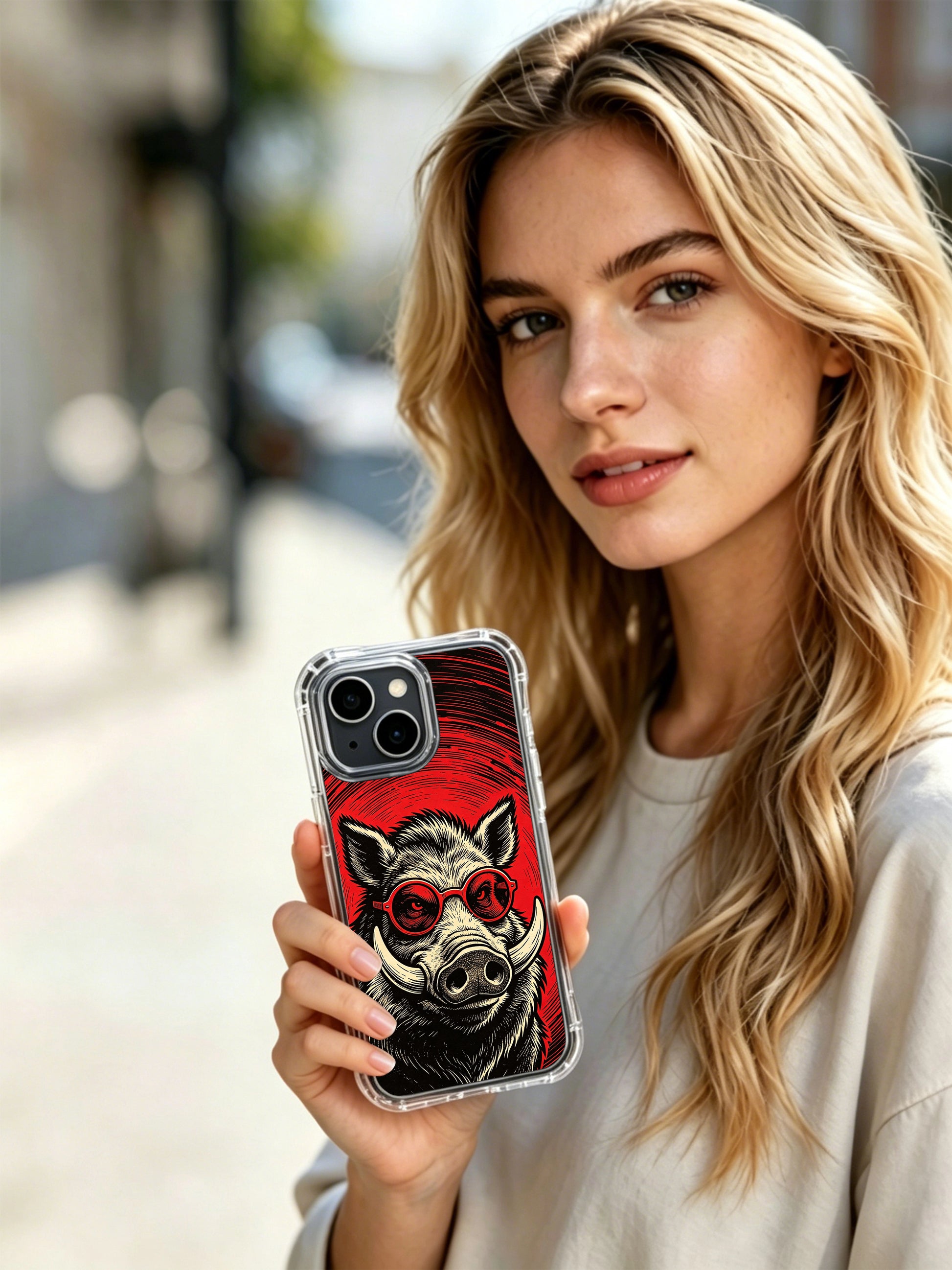 Surreal psychedelic underground punk animal portrait of rugged red lens boar by Rufus Vale for PhoneCasing iPhone 13 Case, trendy art casing for birthday gift selections.