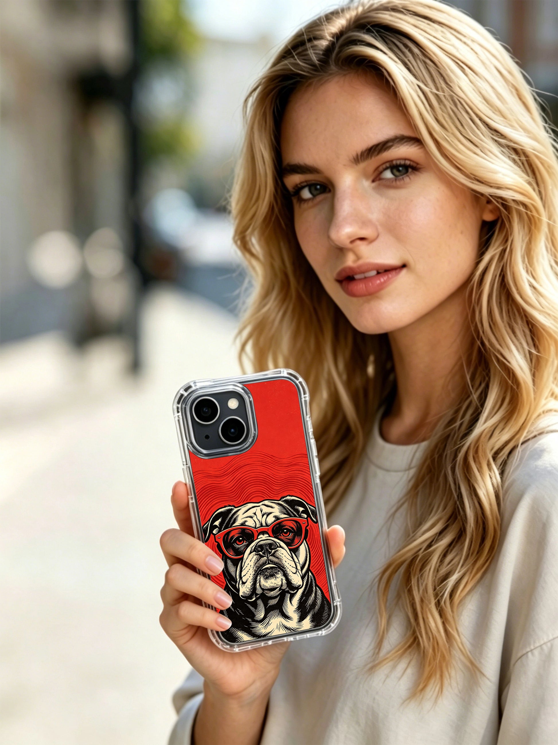 Surreal psychedelic retro rock animal portrait of wrinkled red lens bulldog by Rufus Vale for PhoneCasing iPhone 13 Case, stylish art phone casing ideal for birthday gift selections for classic rock lovers.
