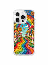 PhoneCasing iPhone 16 pro max Case, dreamy hippie folk casing with fluffy white clouds tucked under rainbow arch apex, star-dotted bright blue wonderland sky sits above fungi & sunflower meadow, scratch-proof limited collab iPhone 16 pro max casing.