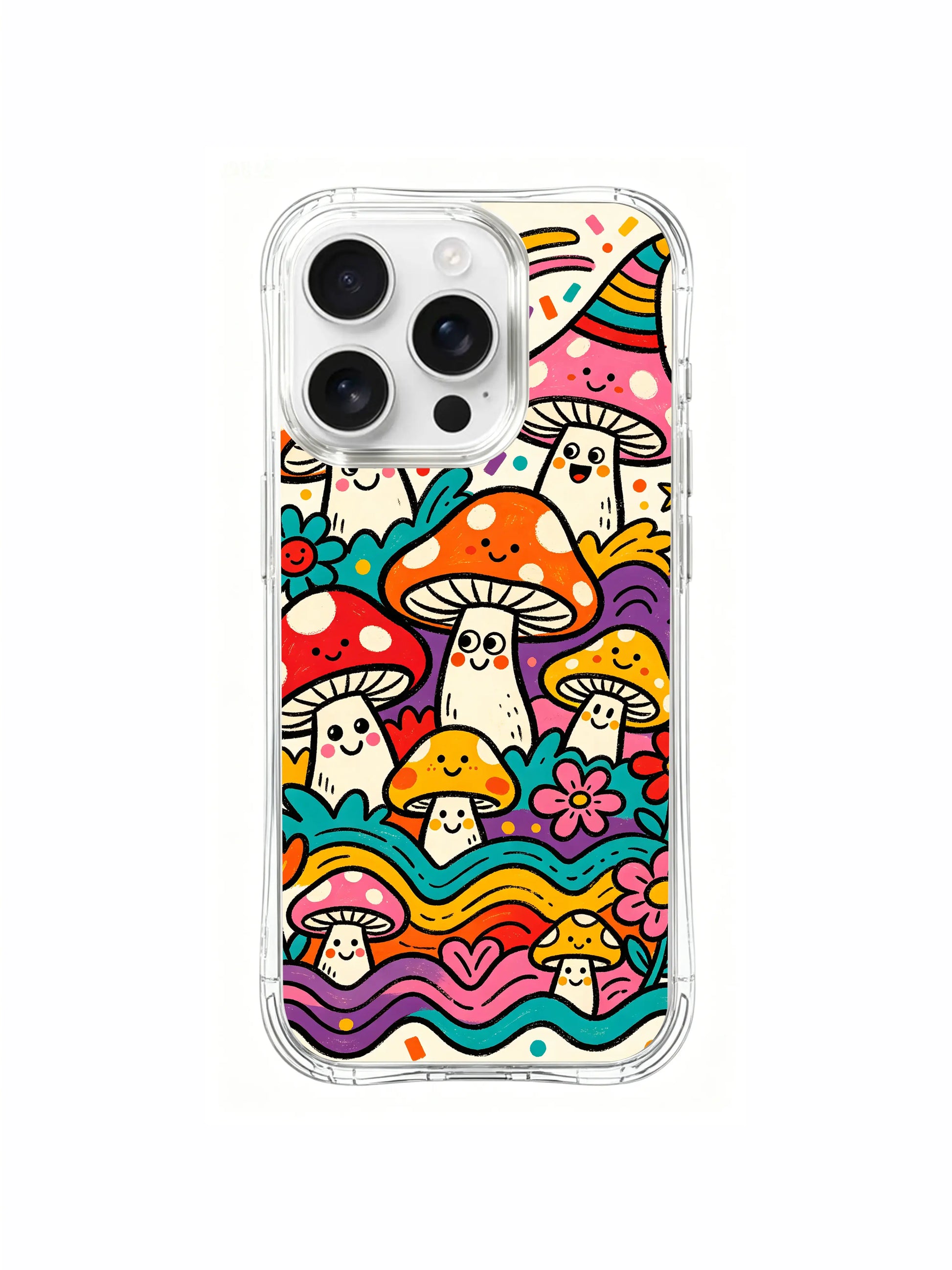 PhoneCasing iPhone 16 pro max Case, dreamy hippie folk casing with fluffy flower clusters tucked underneath mushroom caps, star-flecked vivid cyan woodland fills leftover space, scratch-proof limited collab iPhone 16 pro max casing.