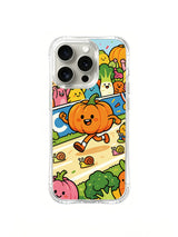 Joyful pumpkin sports scene artwork on an iPhone 16 Pro case
