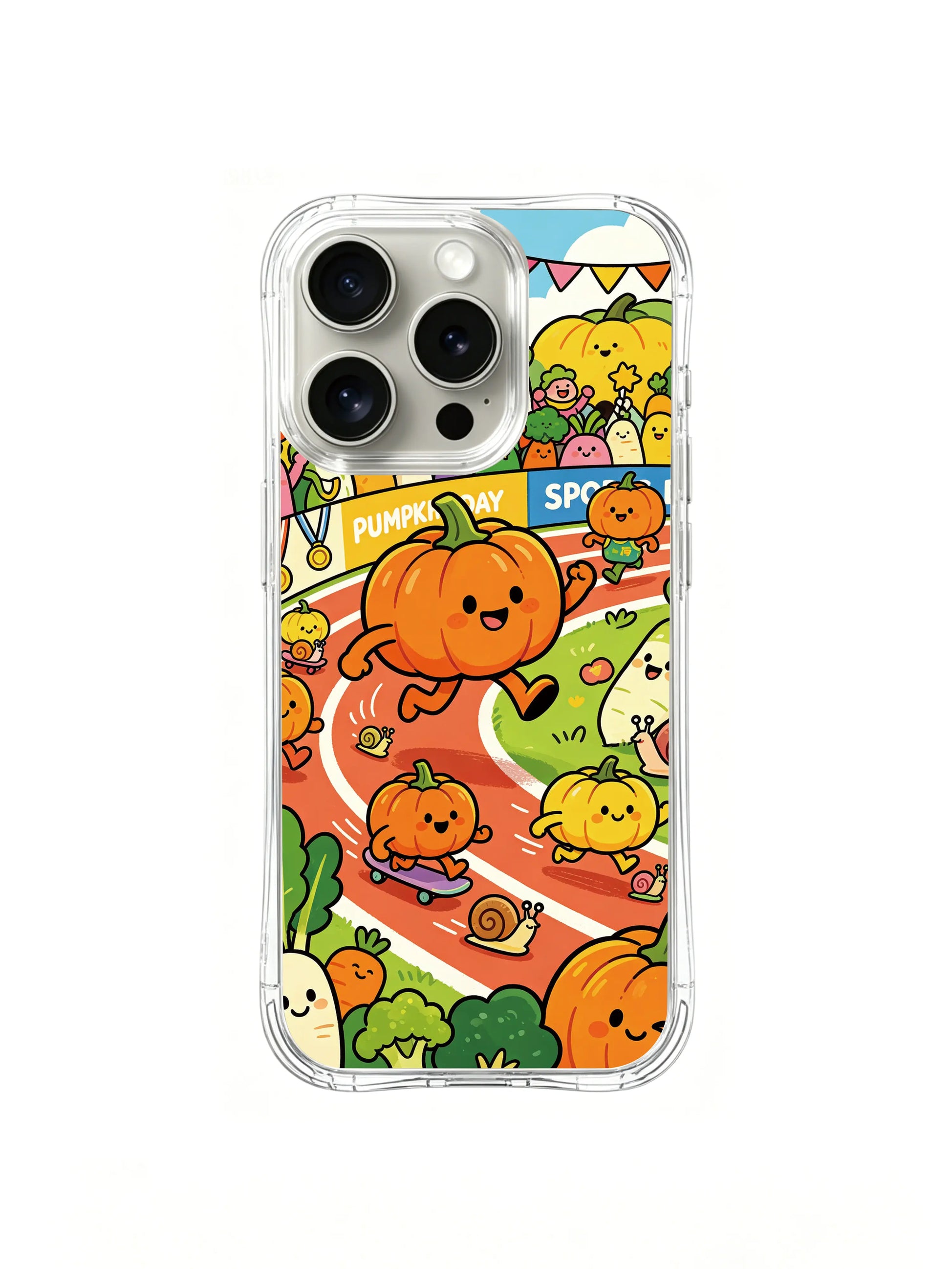 PhoneCasing iPhone 16 pro Case with pumpkin athletes racing on snails at their planet games, exclusive Milo Yun design, premium art case for iPhone 16 pro.