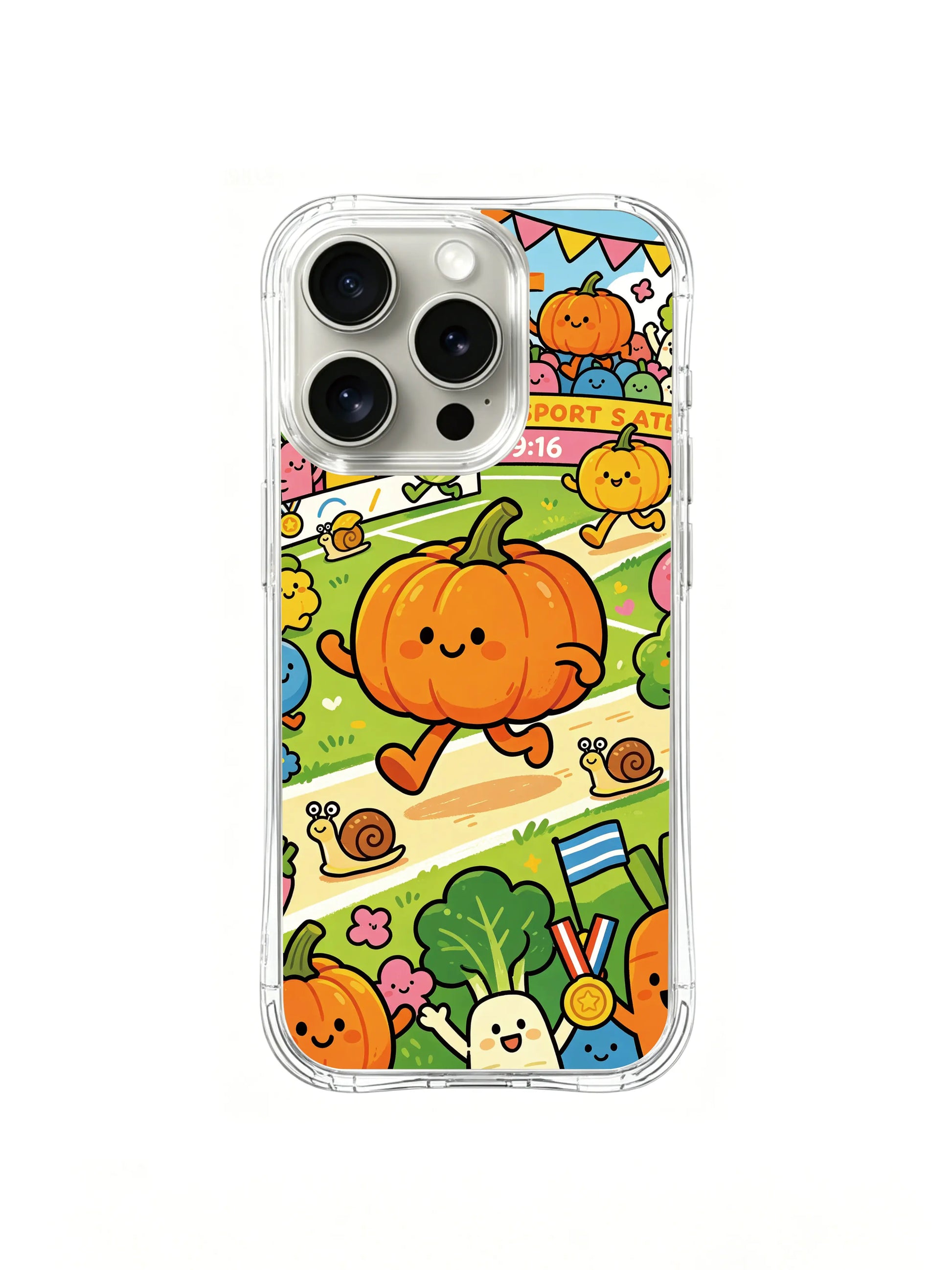 PhoneCasing iPhone 16 pro Case with the sunny race day from Pumpkin Olympics, playful Milo Yun design, premium stylish phone casing for women.