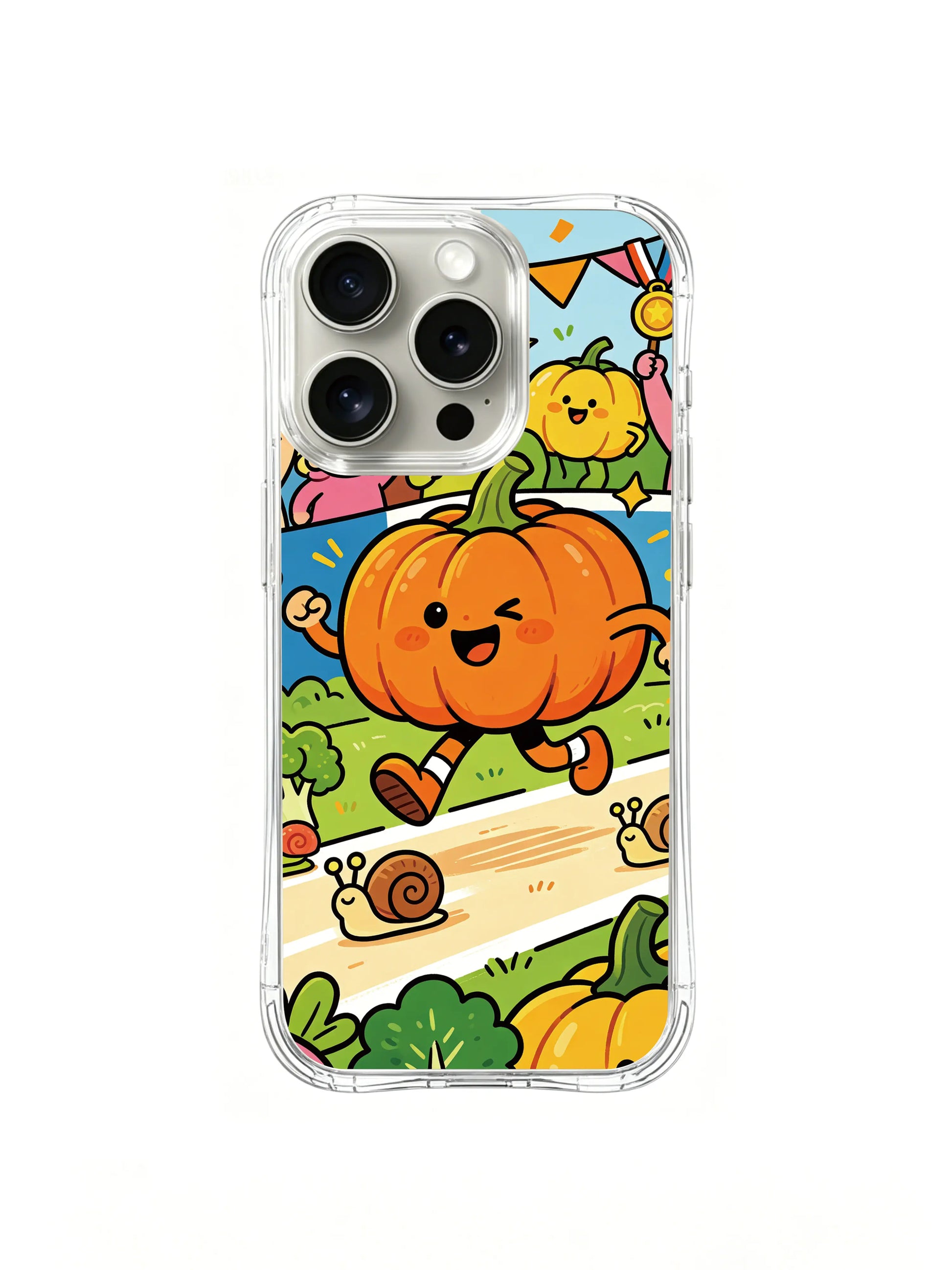 PhoneCasing iPhone 16 pro Case with the star pumpkin runner on the race track, featuring Milo Yun’s Pumpkin Olympics illustration, durable premium phone cover.