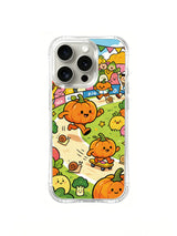 Pumpkin and vegetable crowd artwork on an iPhone 16 Pro case
