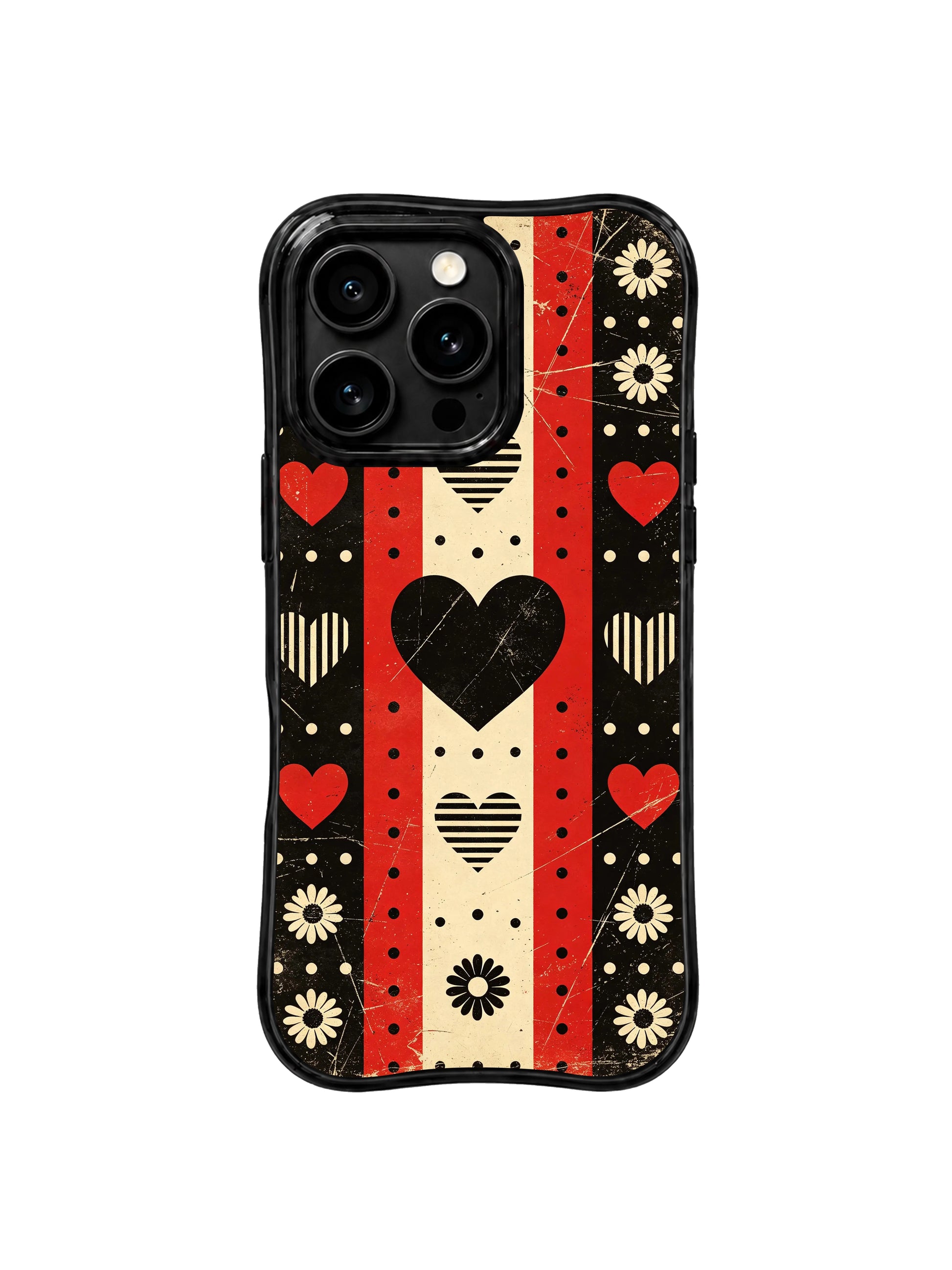 PhoneCasing iPhone 16 pro Case with uneven faded scratch abrasion and subtle uneven worn print distressing as layered underground punk rock poster texture details across the full checker stripe surface, exclusive Ruby Daze wearable wavy black frame dark academia punk geometric sketch art.