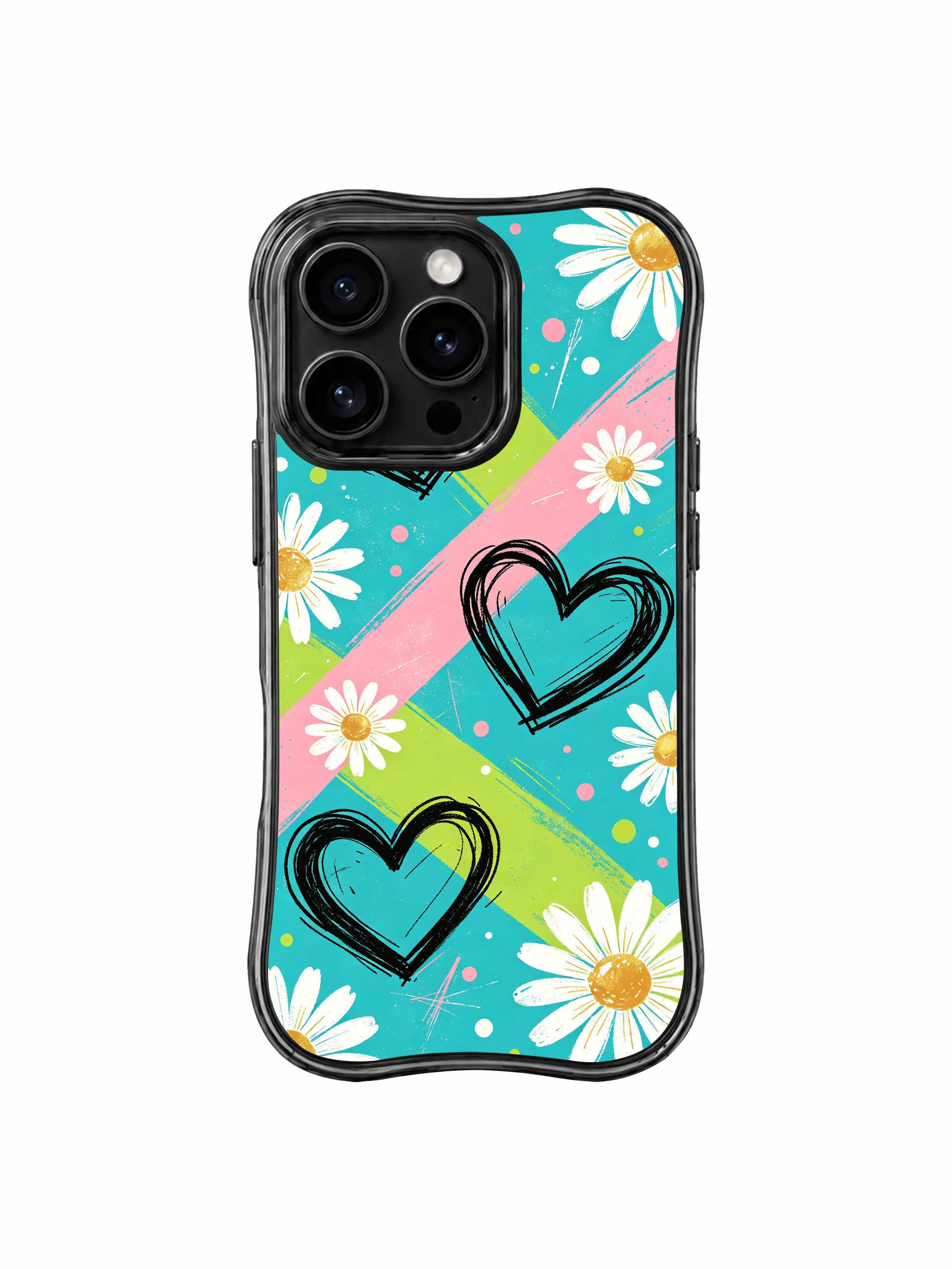 PhoneCasing iPhone 16 pro Case with high-impact diagonal signal stripe base and prominent sketch heart daisy motifs, Ruby Daze Red Stripe Daisy Signal wavy design for daily punk school streetwear wear.