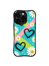 PhoneCasing iPhone 16 pro Case with high-impact diagonal signal stripe base and prominent sketch heart daisy motifs, Ruby Daze Red Stripe Daisy Signal wavy design for daily punk school streetwear wear.