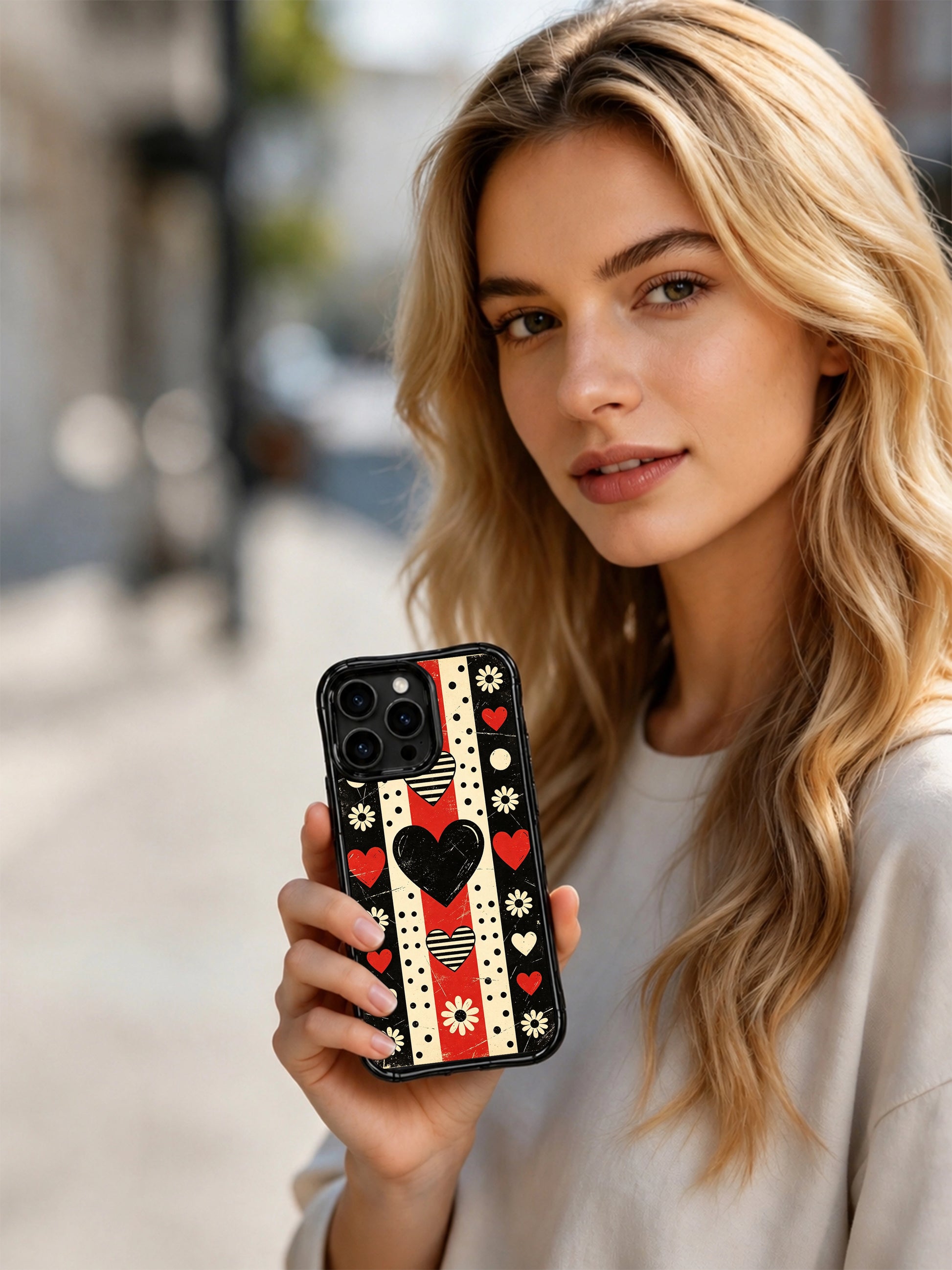 PhoneCasing iPhone 16 pro Case with uniformly lined vintage cream daisy borders neatly wrapping each alternating punk checker stripe segment, enclosing triple variant solid/striped heart silhouettes and rhythmic multi-size polka dot bands on heavily scratched grunge black-red backdrop, fierce confident Ruby Daze Punk Daisy Checker Love dark alternative floral design, stylish women’s phone casing.