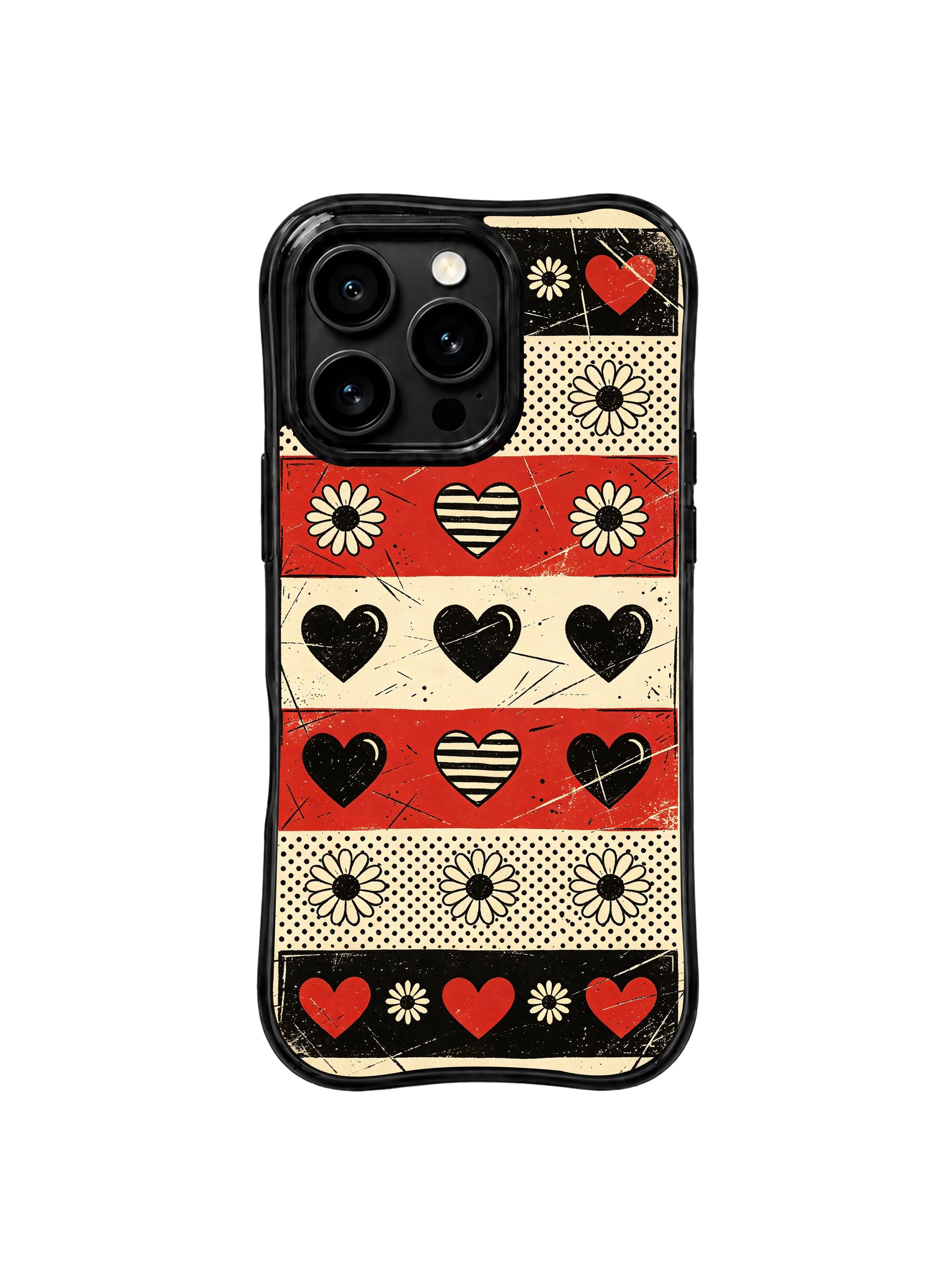 PhoneCasing iPhone 16 pro Case with imperfect rigid alternating checker block stripe geometry paired with softly lined vintage cream daisy petals and textured uneven scratch heart outlines adding gentle floral counterbalance to gritty underground punk grunge grain texture, Ruby Daze handmade retro rock pop art, gallery grade wavy print casing.