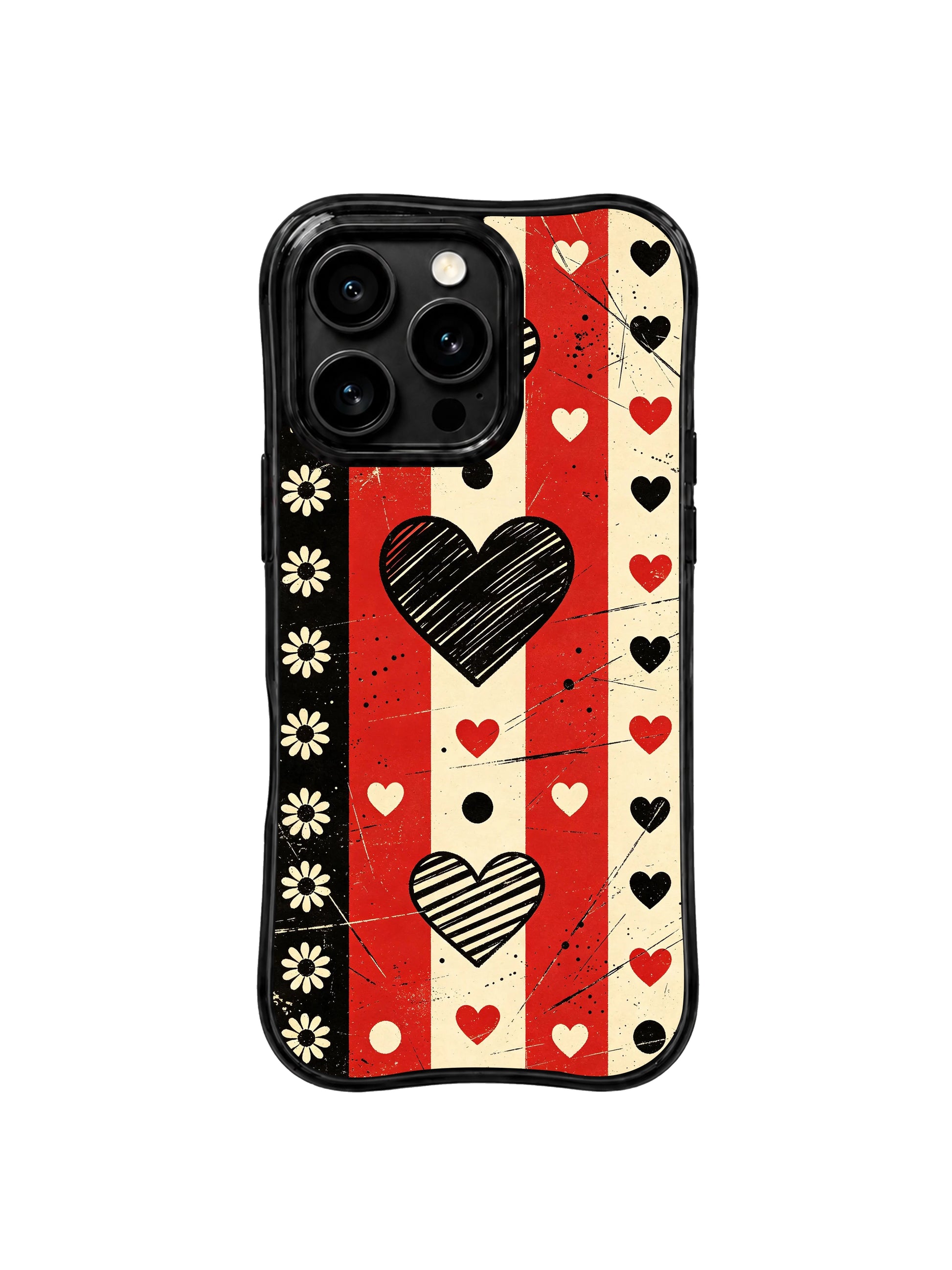 PhoneCasing iPhone 16 pro Case with three unique core heart graphics (full solid red, heavy solid black, diagonal lined striped) and neatly bordered vintage sepia cream daisy blooms plus layered rhythmic polka dot bands adding steady drumline graphic rhythm to gritty punk checker stripe backdrop, Ruby Daze fierce alternative pop floral art, scratch resistant wavy casing.