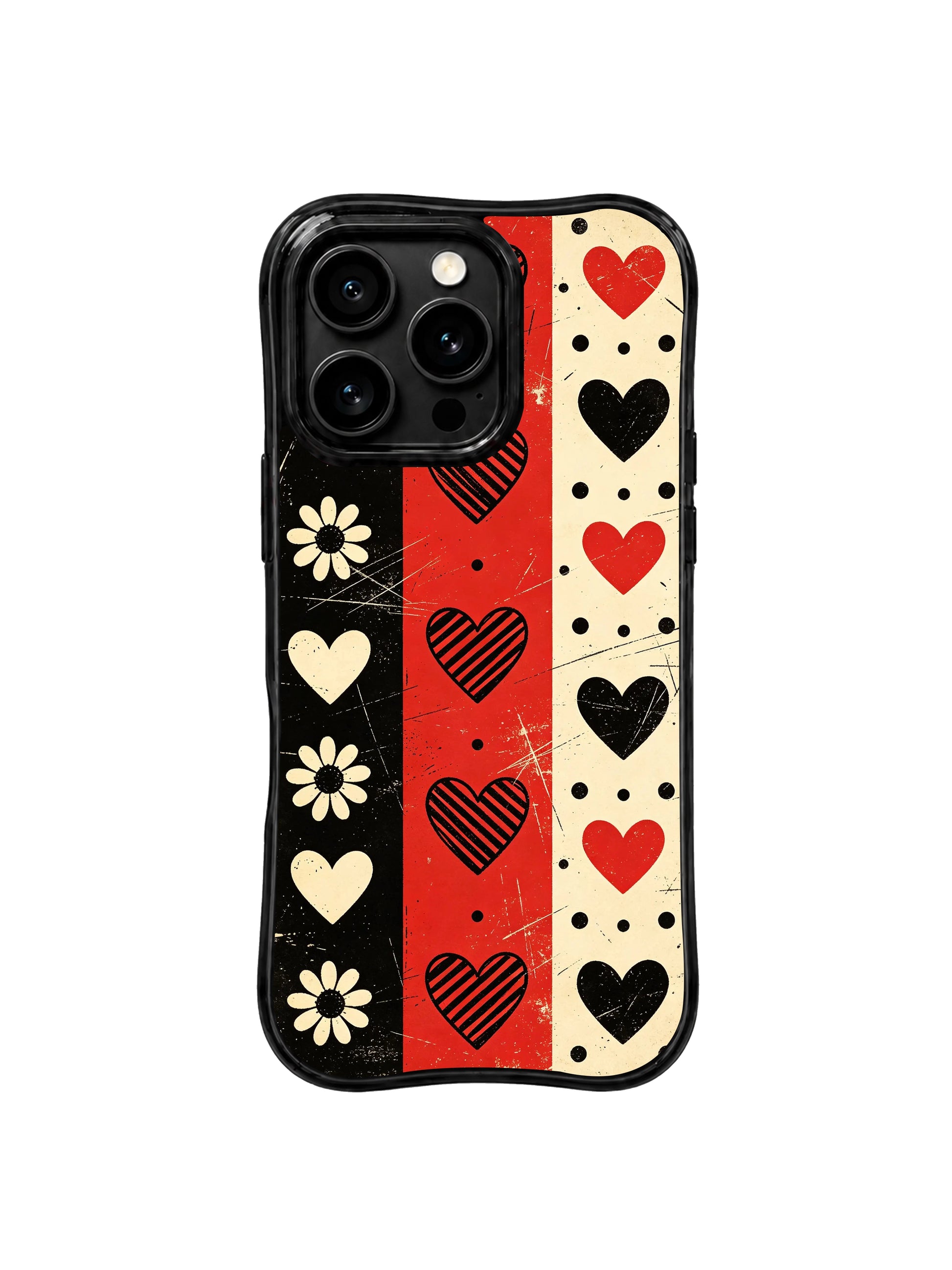 PhoneCasing iPhone 16 pro Case featuring aged underground punk band poster heavy scratch distressed matte grain dark backdrop layered alternating vertical & horizontal red-black-cream checker block stripes, multi-size polka dot bands, triple solid/striped heart silhouettes and framed vintage cream daisy borders from Ruby Daze Punk Daisy Checker Love, wavy black frame premium art casing for iPhone 16 pro.