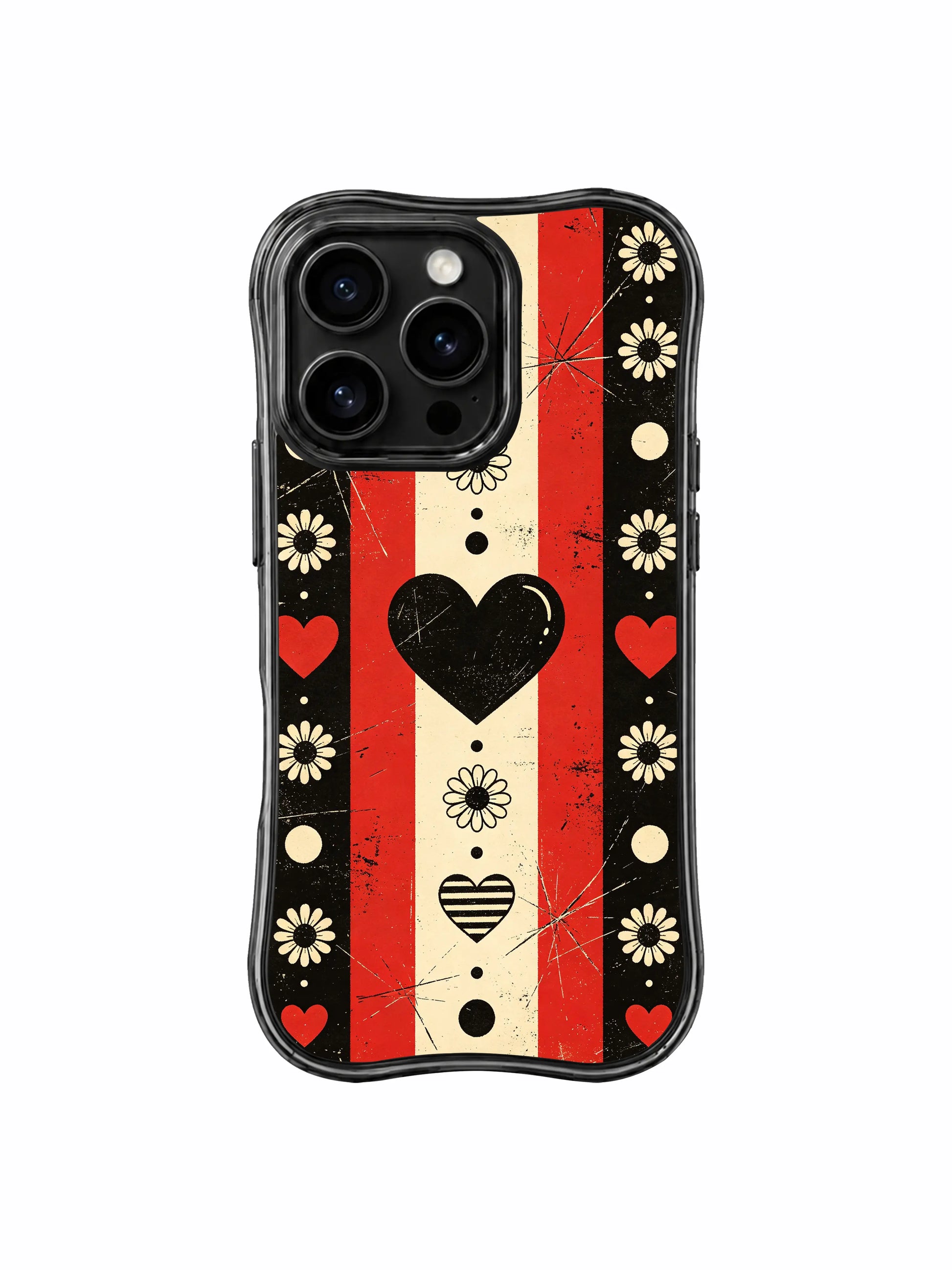 PhoneCasing iPhone 16 pro Case with worn vintage underground punk band wall poster geometric mixed media composition built on heavy scratch matte black grain base alternating vertical/horizontal red-black-cream checker blocks, triple variant heart silhouettes, rhythmic dot bands and framed vintage cream daisy borders, exclusive Ruby Daze artist collab heavy-duty protective art case.