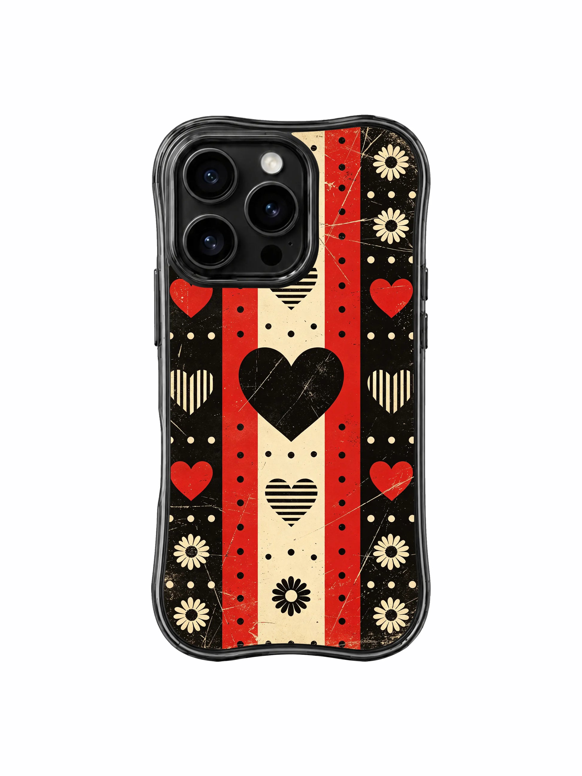 PhoneCasing iPhone 16 pro Case with rigid alternating vertical/horizontal fiery scarlet red, jet black and vintage cream rectangular checker blocks interspersed with evenly spaced multi-scale polka dot bands across scratched aged grain canvas, paired with three distinct heart graphic variants and neatly lined cream daisy border framing, Ruby Daze dark college punk geometric floral illustration, tough premium phone casing.