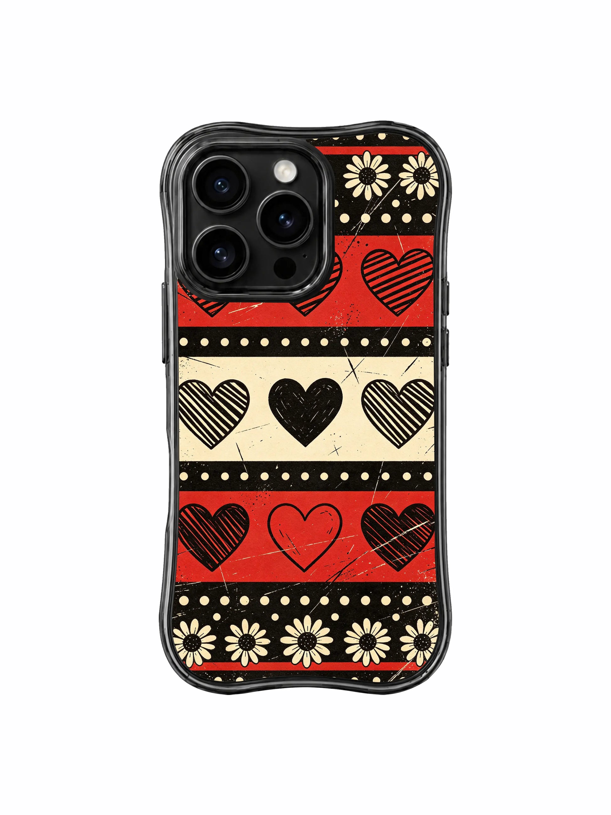 PhoneCasing iPhone 16 pro Case combining soft vintage cream daisy tenderness and gritty heavily faded scratch grain underground punk checker stripe ruggedness, Ruby Daze Punk Daisy Checker Love signature sharp alternative pop print, premium wearable wavy black fierce dark academia floral casing.