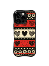 PhoneCasing iPhone 16 pro Case themed on fierce unreserved passionate romance, fearless bold self-confidence and moody intellectual dark academia punk individuality with worn scratch grain alternating checker stripe triple heart dotted band framed daisy graphics, Ruby Daze Daisy Love Riot printed wavy art casing.
