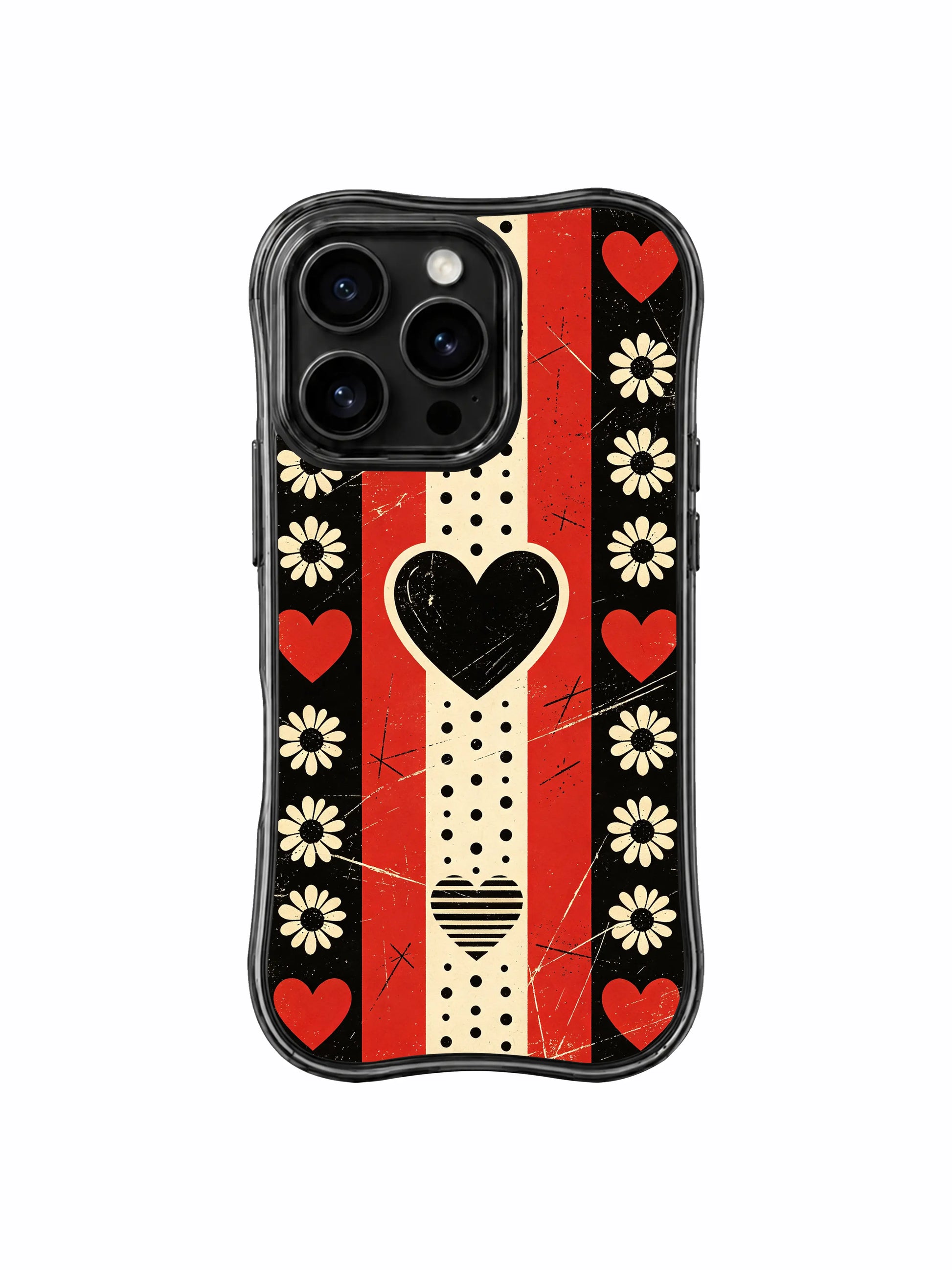 PhoneCasing iPhone 16 pro Case themed on fierce unreserved passionate romance, fearless bold self-confidence and moody intellectual dark academia punk individuality with worn scratch grain alternating checker stripe triple heart dotted band framed daisy graphics, Ruby Daze Daisy Love Riot printed wavy art casing.