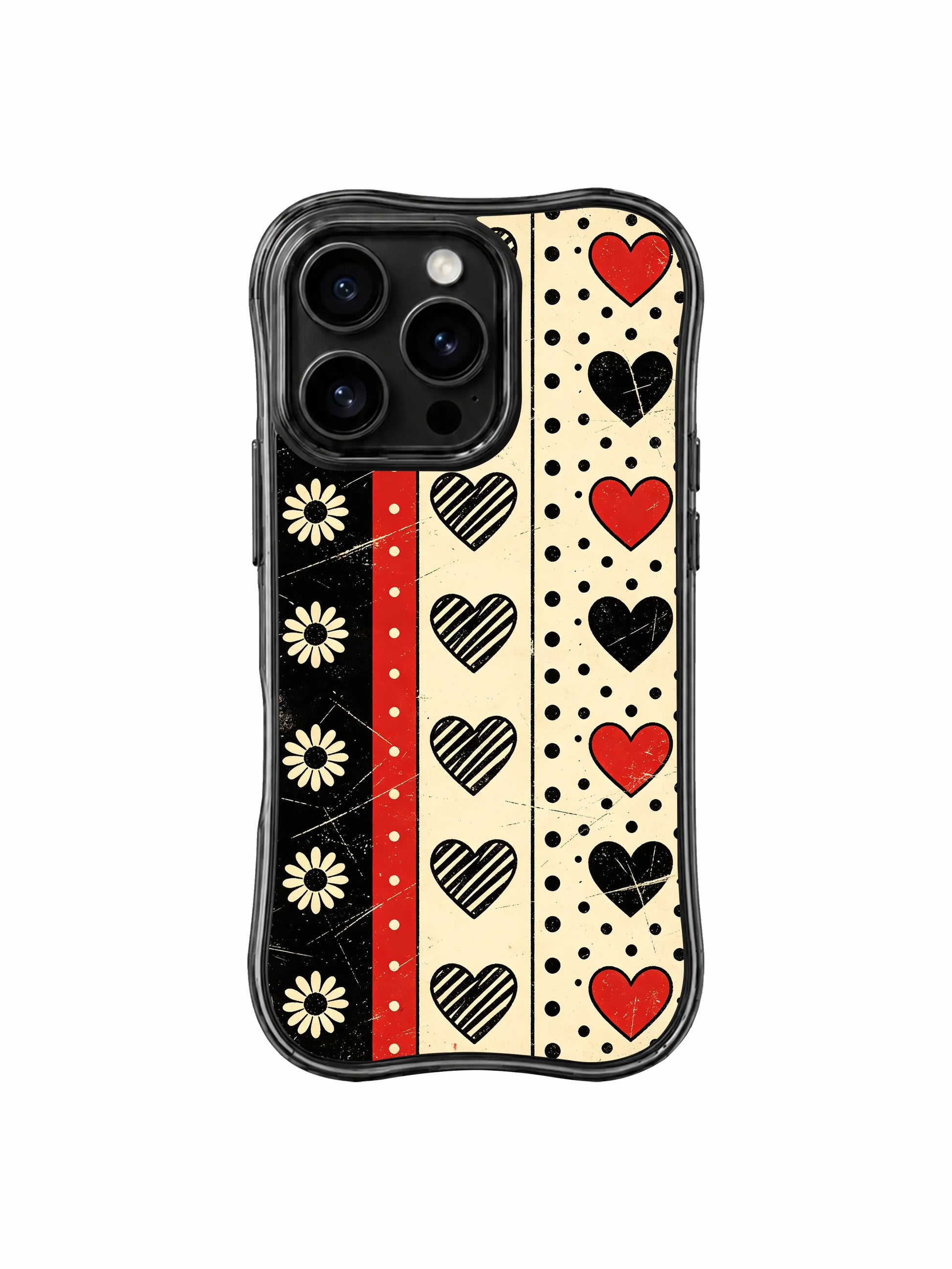 PhoneCasing iPhone 16 pro Case with full-coverage balanced heavy scratch grain punk checker stripe layout alternating vertical/horizontal red-black-cream blocks, triple variant solid/striped hearts, rhythmic dot bands and framed vintage cream daisy design delivering fierce passionate dark punk mood without oversimplified childish cuteness, Ruby Daze sharp confident alternative feminine design, slim lightweight wavy premium case.