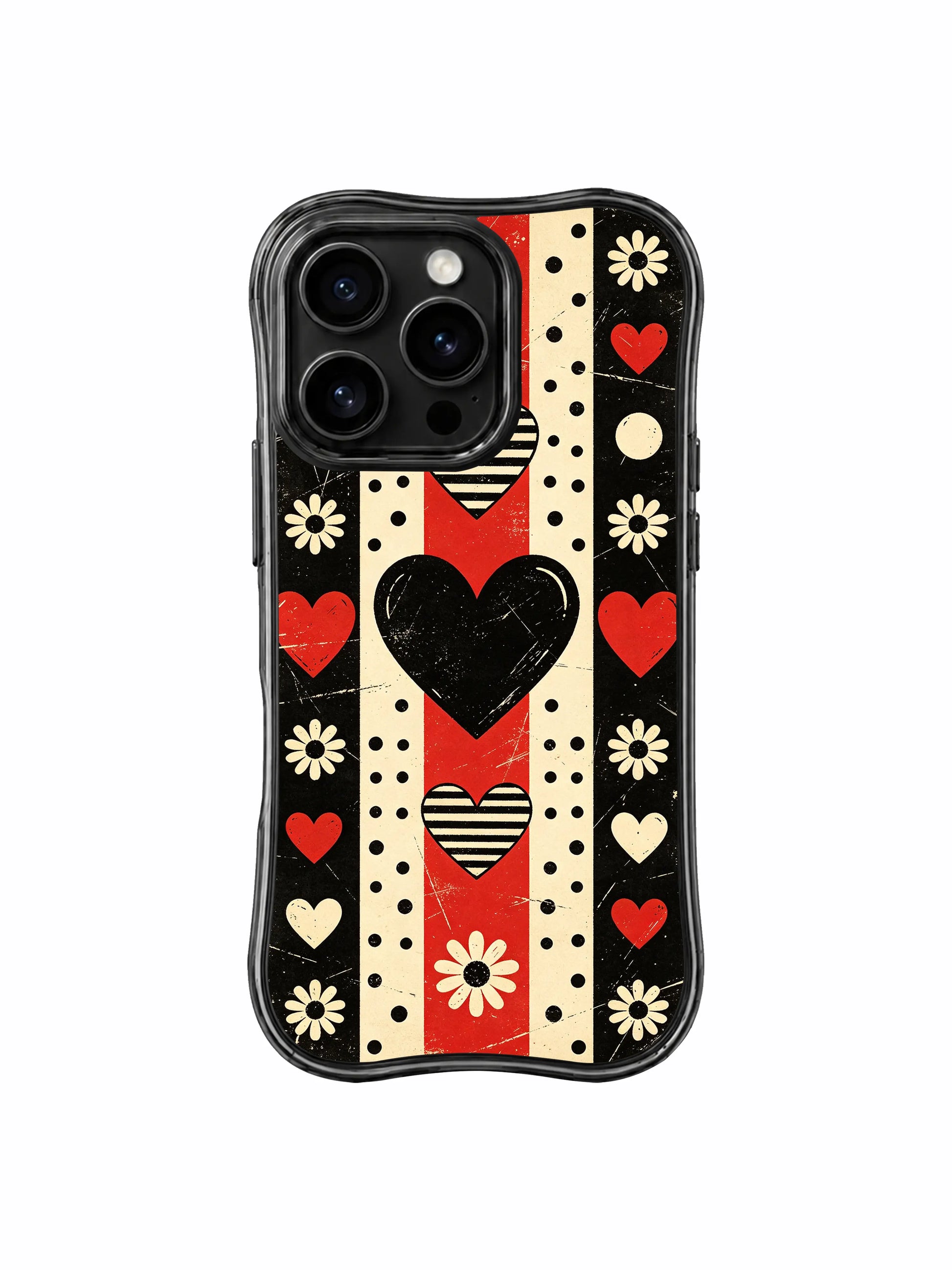 PhoneCasing iPhone 16 pro Case featuring aged underground punk band poster heavy scratch distressed matte grain dark backdrop layered alternating vertical & horizontal red-black-cream checker block stripes, multi-size polka dot bands, triple solid/striped heart silhouettes and framed vintage cream daisy borders from Ruby Daze Punk Daisy Checker Love, wavy black frame premium art casing for iPhone 16 pro.