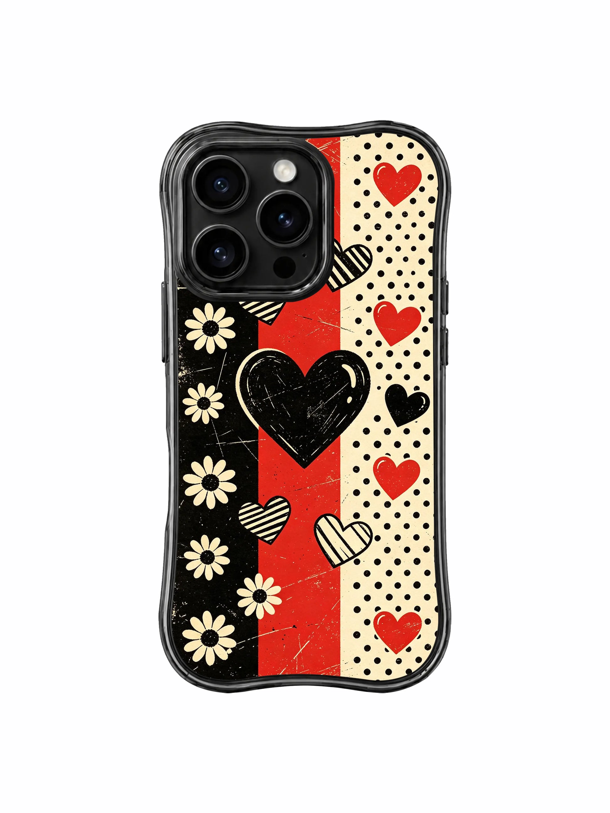 PhoneCasing iPhone 16 pro Case with uniformly lined vintage cream daisy borders neatly wrapping each alternating punk checker stripe segment, enclosing triple variant solid/striped heart silhouettes and rhythmic multi-size polka dot bands on heavily scratched grunge black-red backdrop, fierce confident Ruby Daze Punk Daisy Checker Love dark alternative floral design, stylish women’s phone casing.