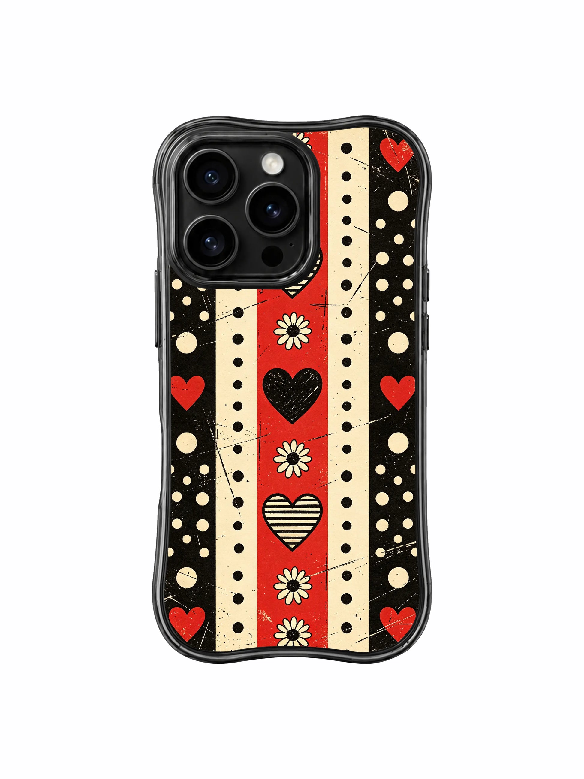 PhoneCasing iPhone 16 pro Case with imperfect rigid alternating checker block stripe geometry paired with softly lined vintage cream daisy petals and textured uneven scratch heart outlines adding gentle floral counterbalance to gritty underground punk grunge grain texture, Ruby Daze handmade retro rock pop art, gallery grade wavy print casing.