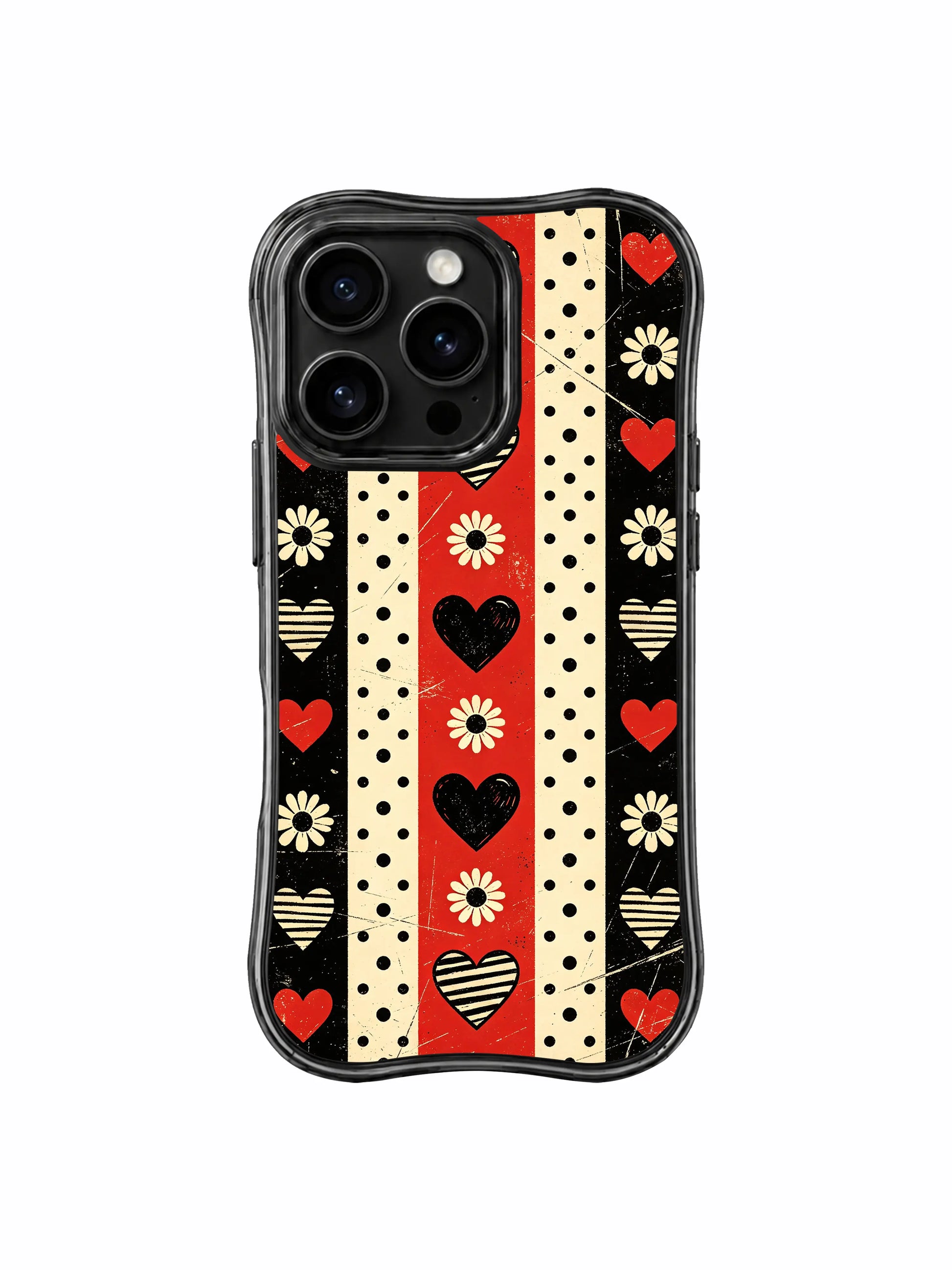 PhoneCasing iPhone 16 pro Case with three unique core heart graphics (full solid red, heavy solid black, diagonal lined striped) and neatly bordered vintage sepia cream daisy blooms plus layered rhythmic polka dot bands adding steady drumline graphic rhythm to gritty punk checker stripe backdrop, Ruby Daze fierce alternative pop floral art, scratch resistant wavy casing.